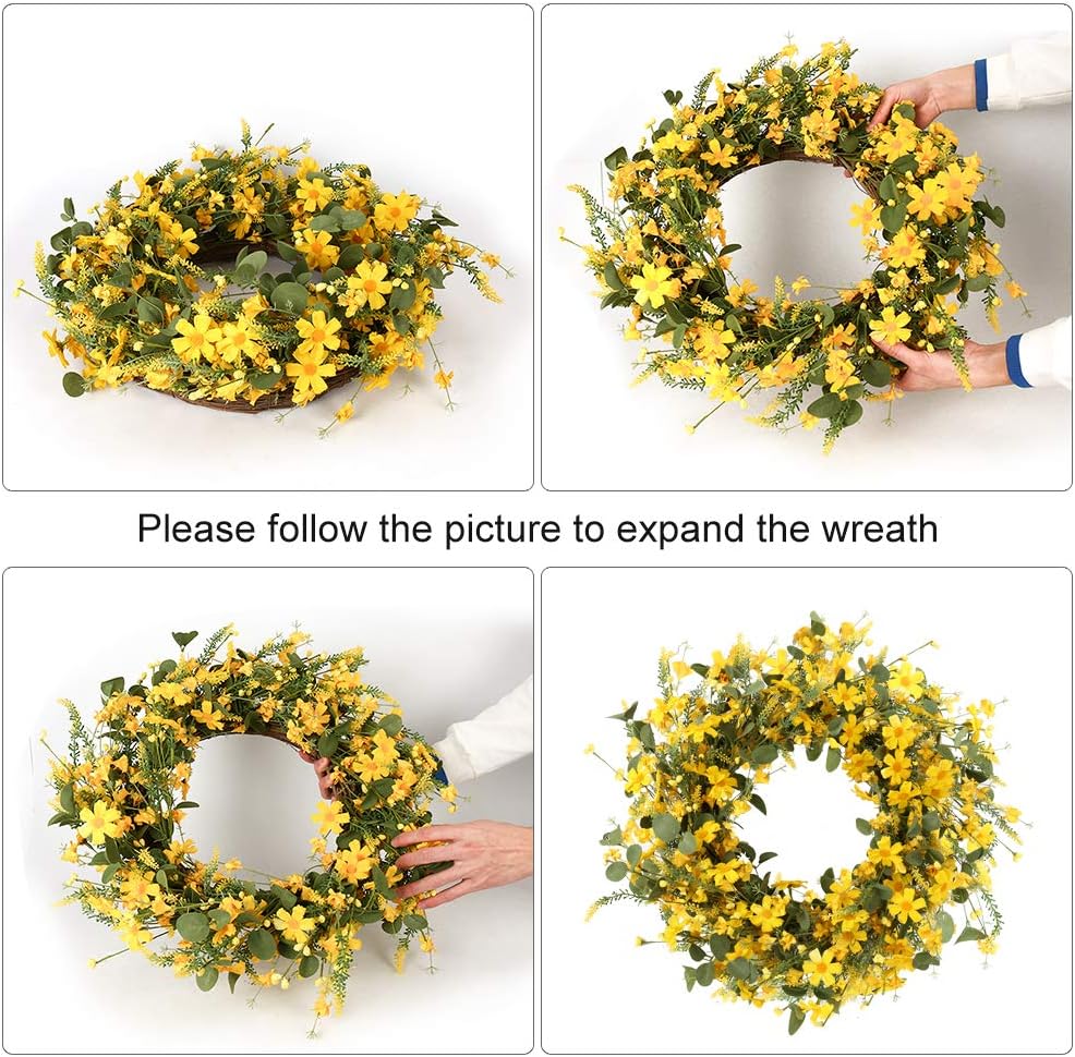 JFLORU 22 Inch Yellow Daisy Spring Wreath for Front Door and Home Decor