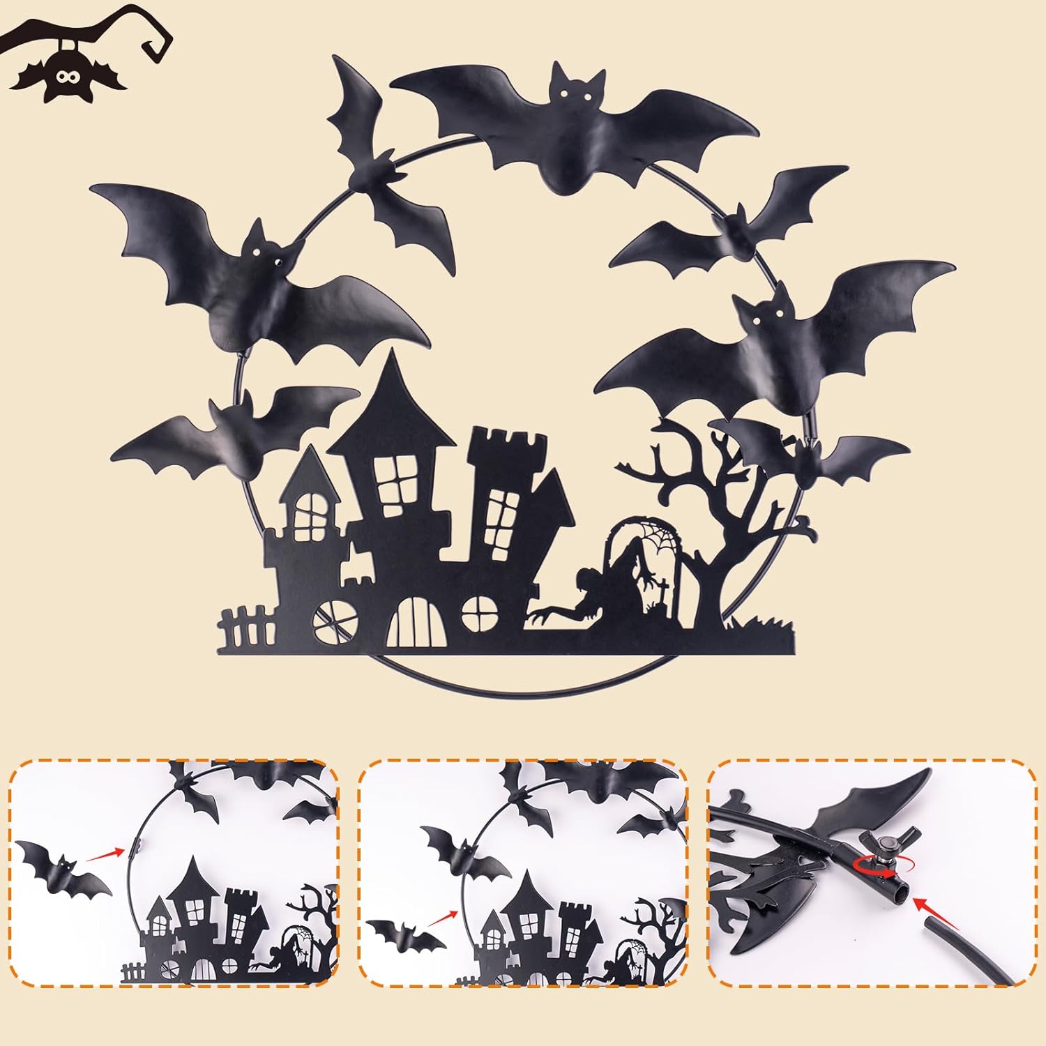 Halloween Metal Wreath - 20 Inch Black Iron Decor with Bats Castle Witch and Tree