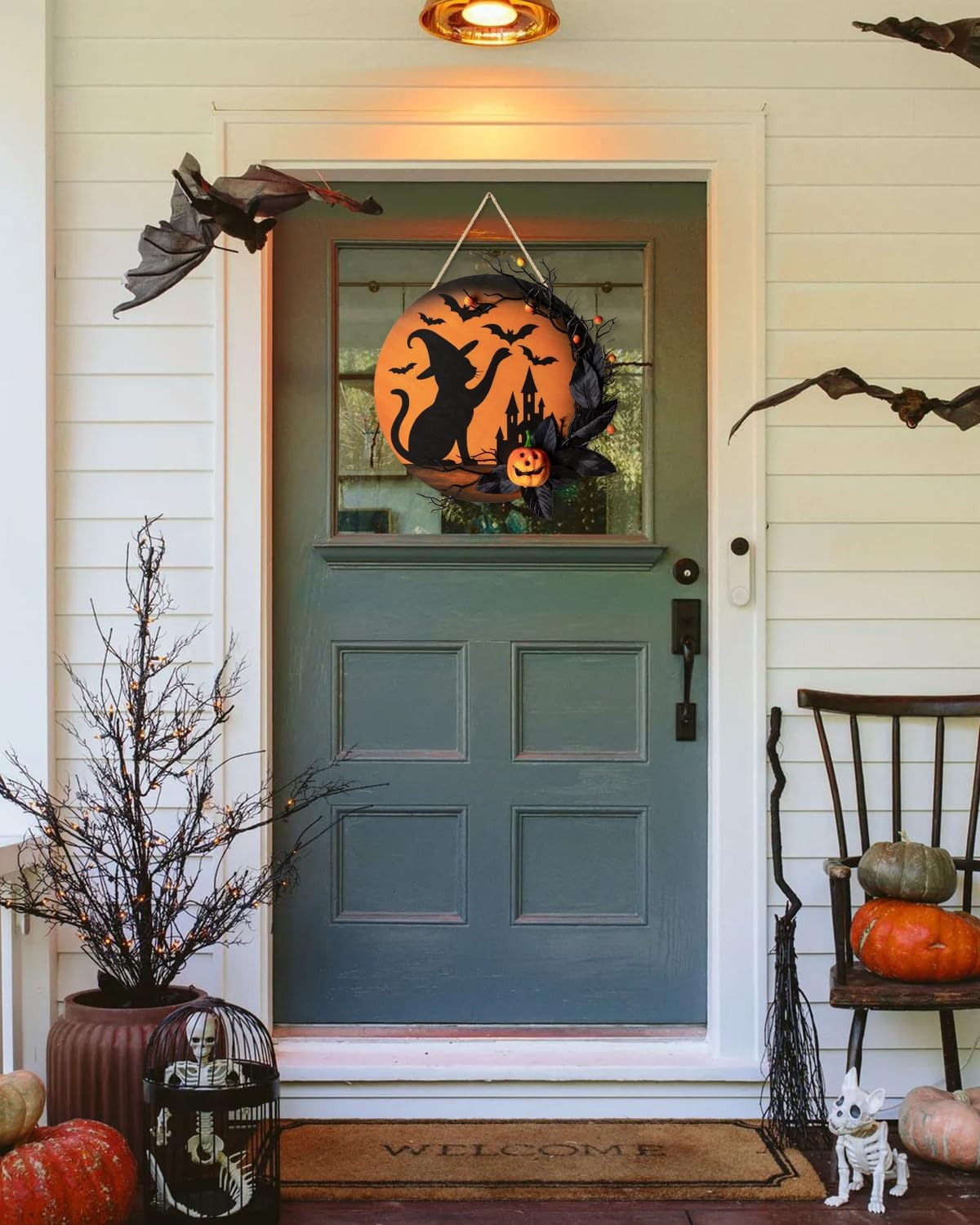 Halloween Wreath Front Door Decor 12 Inch Wood Wreath