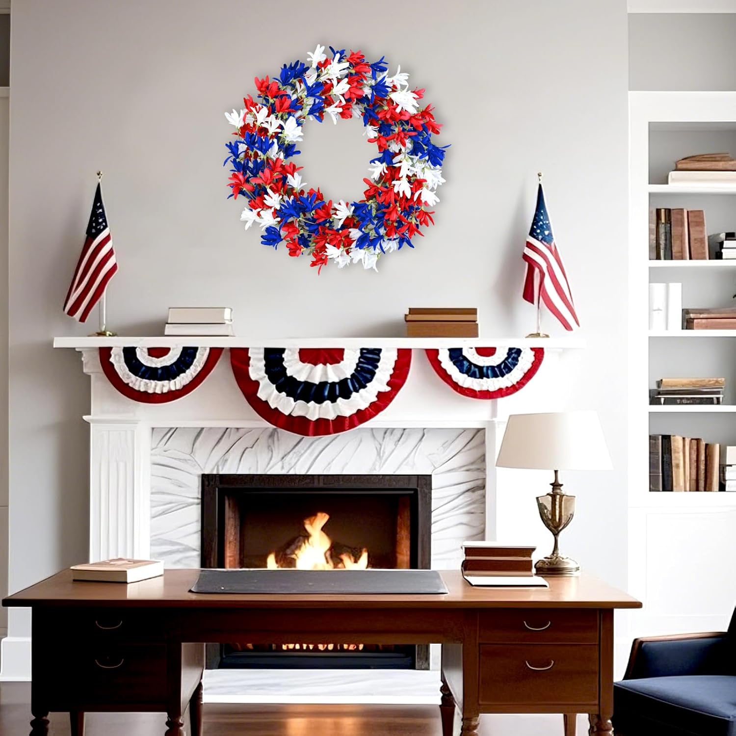 4th of July Wreath with Red White Blue Flowers for Front Door
