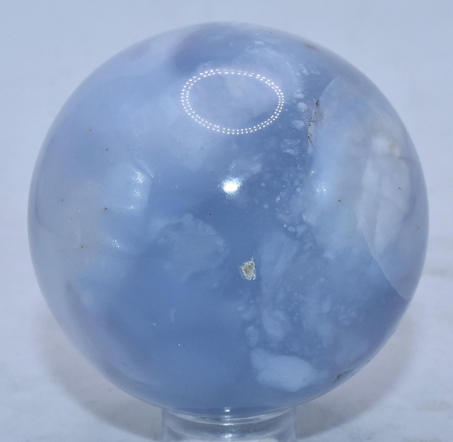 Pair 45mm Blue Chalcedony Carved Spheres with Stand
