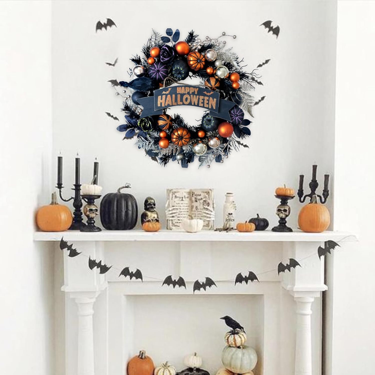 Halloween Glitter Pumpkin Wreath with Decorative Elements