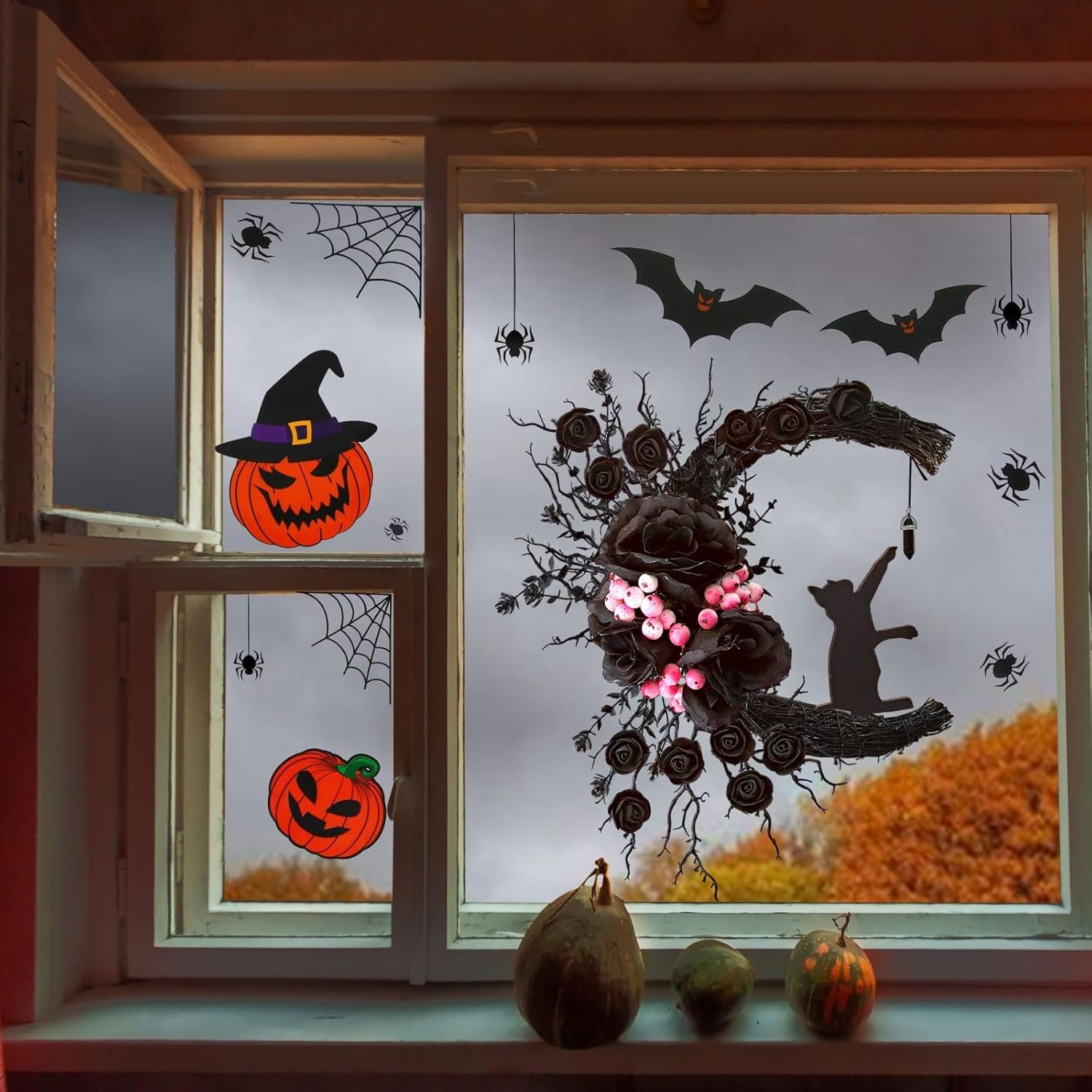 Spooky Halloween Wreath with Lights Black Cat Moon Door Decor
