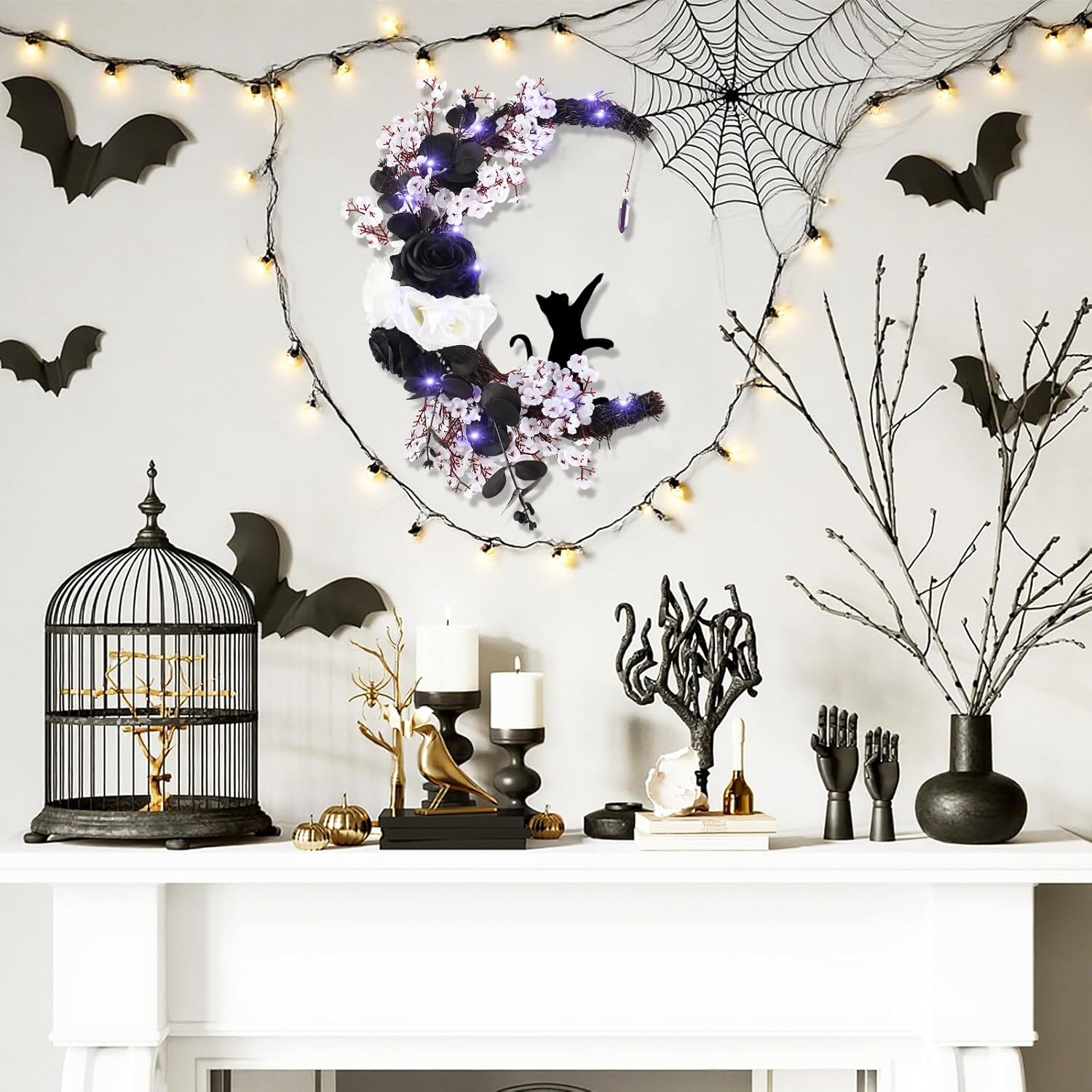 MyCoats 2025 Halloween Door Wreath with Black Cat Moon Light