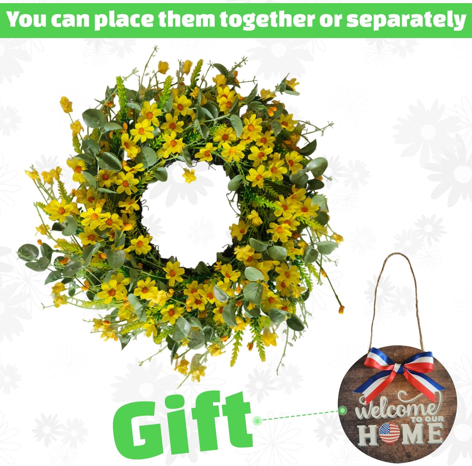 VYG Yellow Daisy Wreath 22 Inch Patriotic Welcome Sign