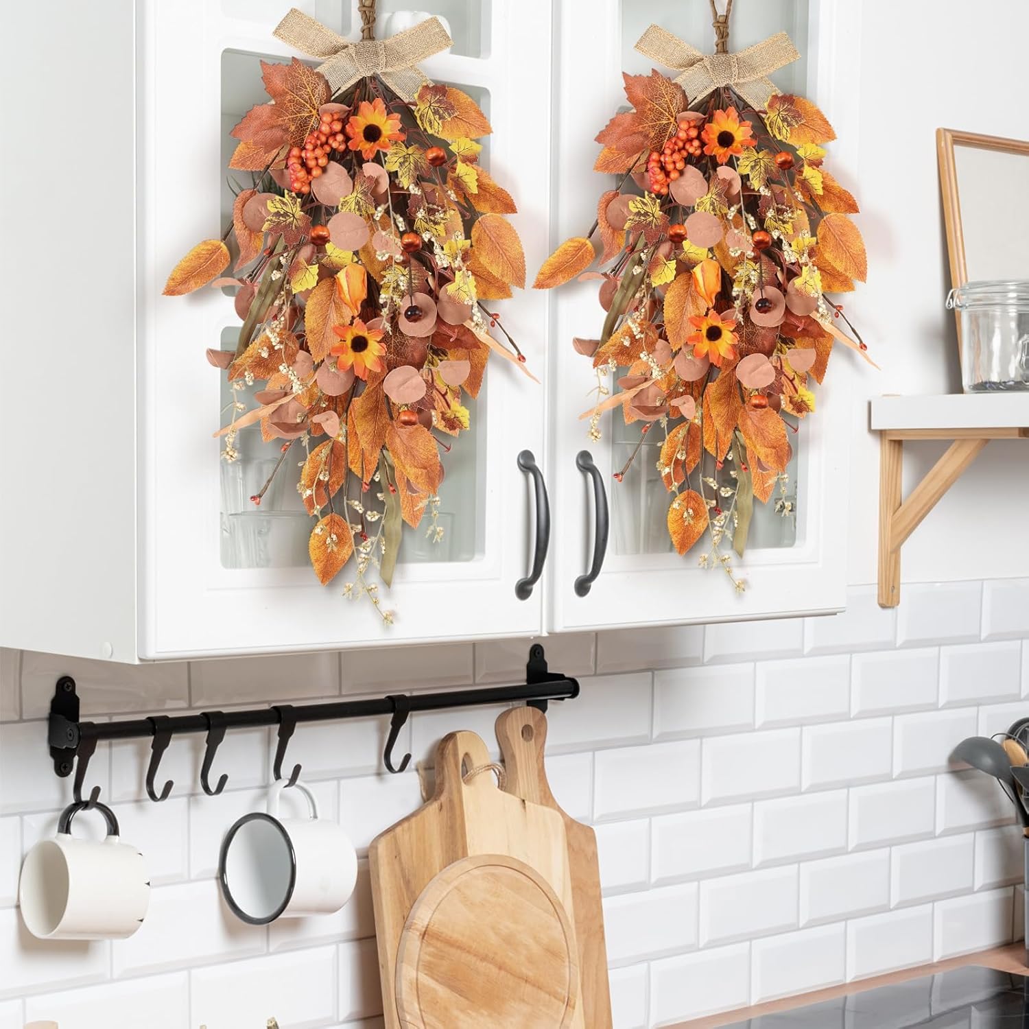 2 Pcs 24 Inch Artificial Autumn Teardrop Wreath