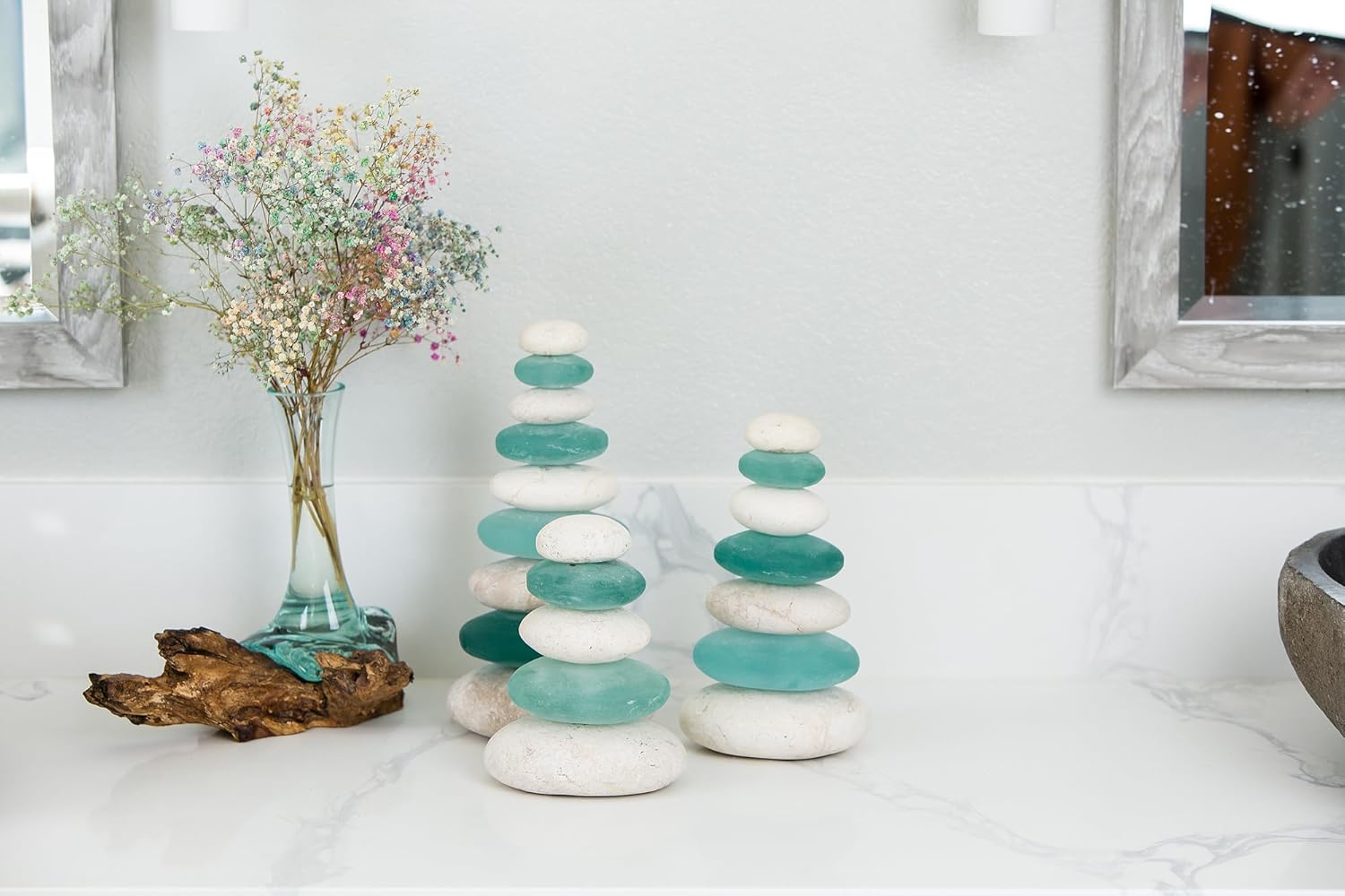 Garden Age Supply Quintuple Glass Cairn Set with White and Blue Stones