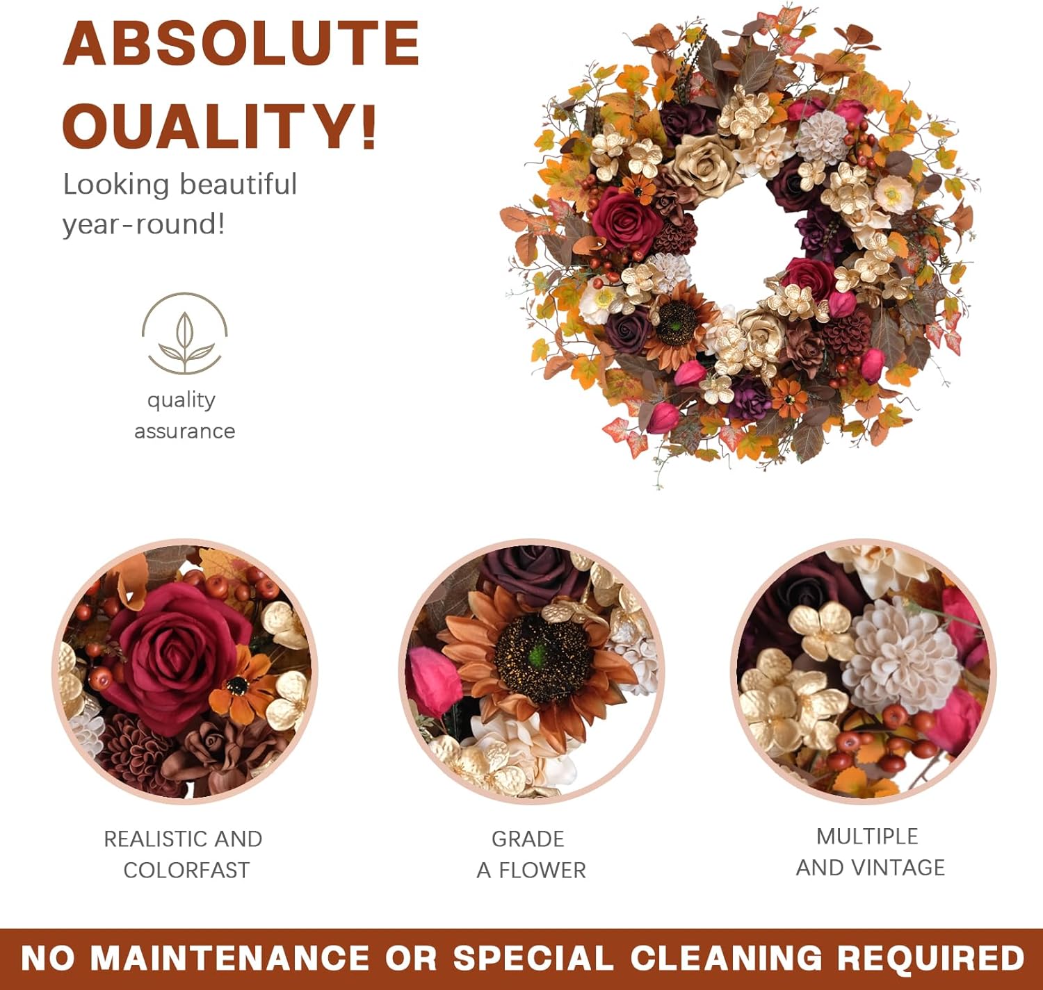 TEMPUS 24 Inch Artificial Fall Wreath - Red Gold Rose Floral Decor for Front Door Thanksgiving Harvest Wall Hanging