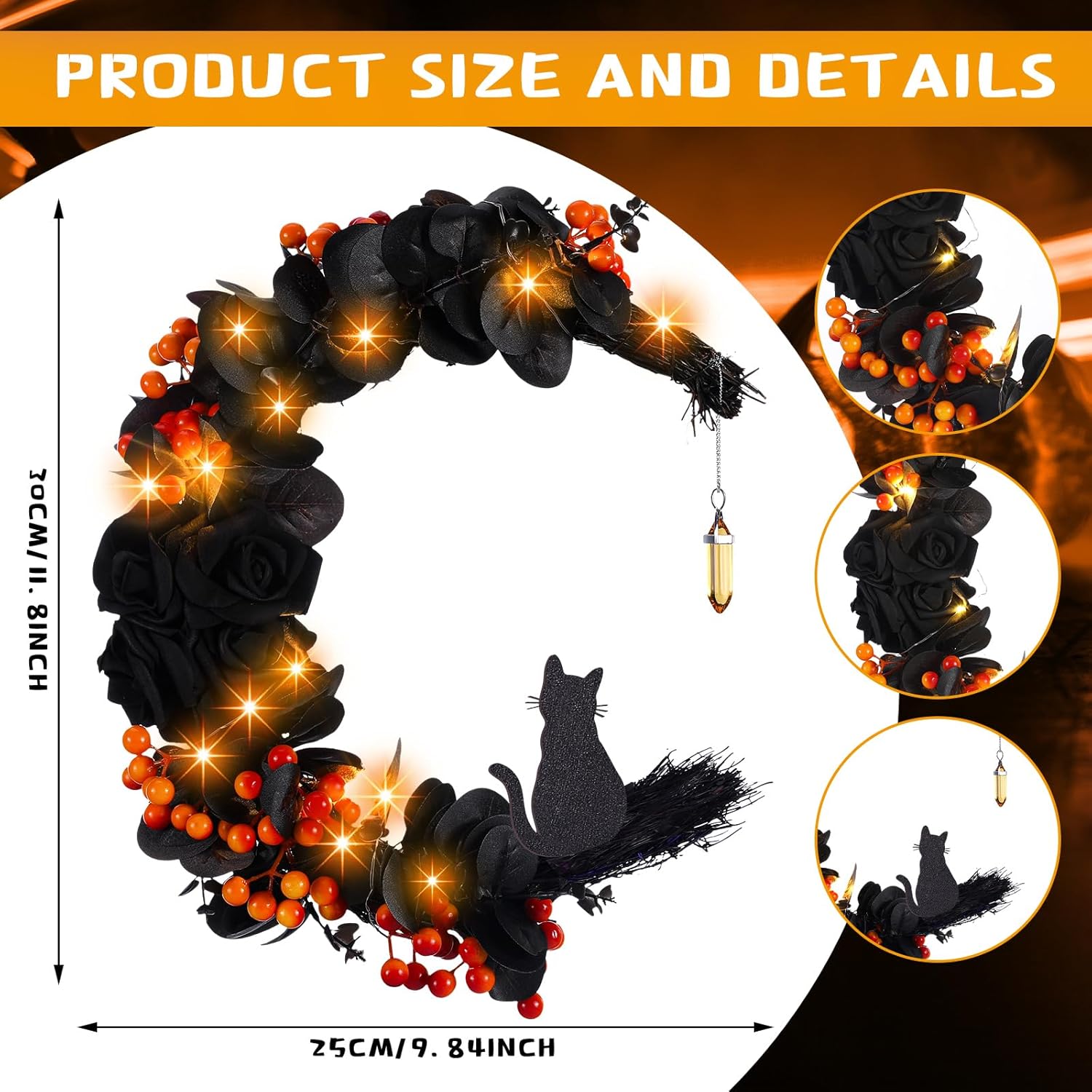 Ceenna Halloween Moon Cat Wreath with Black Roses