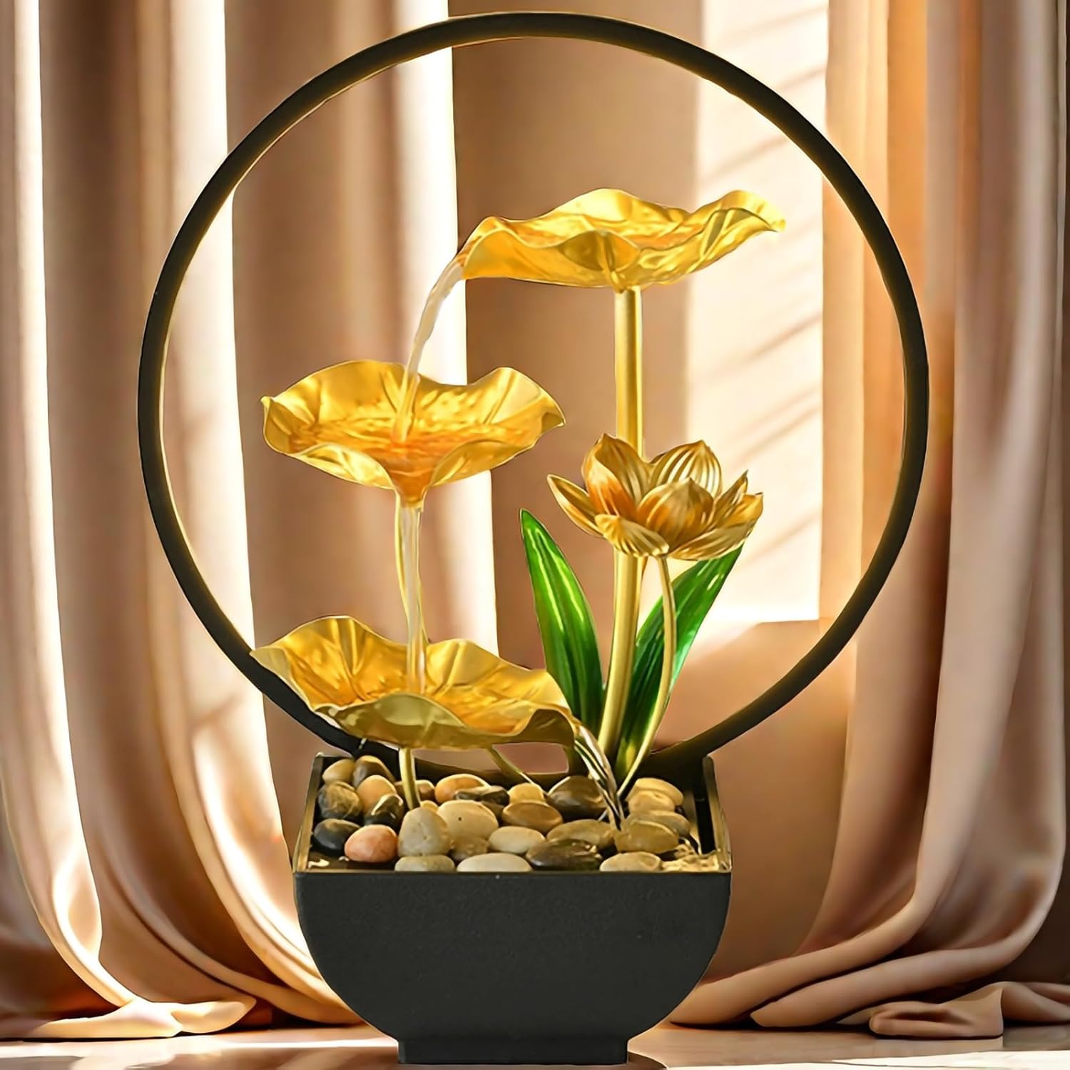 Gold Lotus Waterfall Fountain with LED Light USB Powered Tabletop Zen Fountain