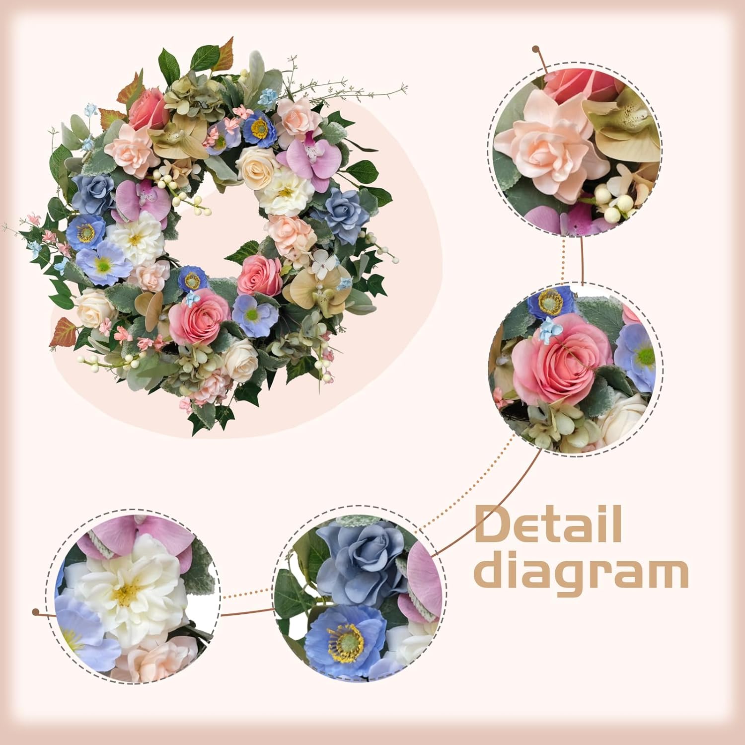 22 Inch Artificial Flower Wreath with Roses Orchid Gardenia Hydrangea
