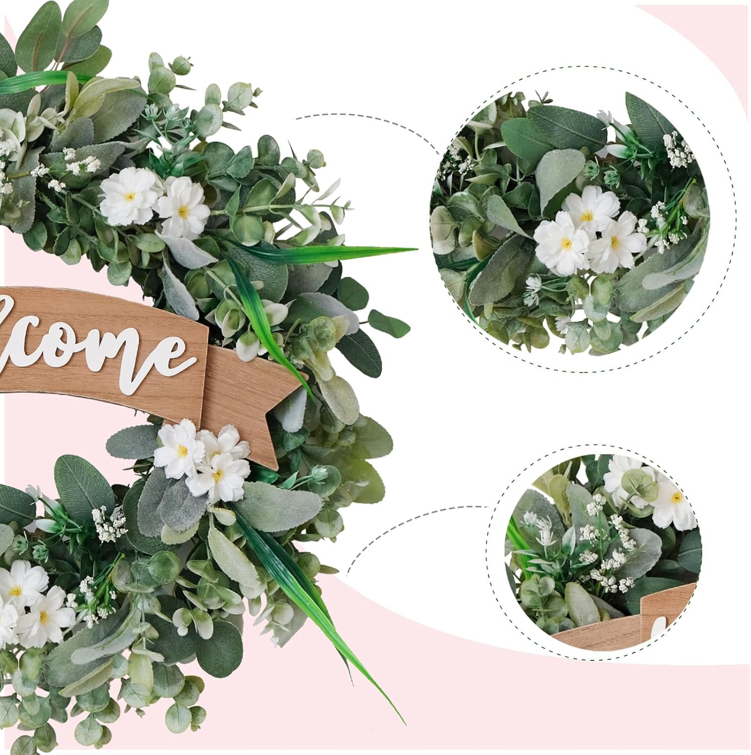 24 Inch Spring Lamb Ear Green Leaves Wreath for Front Door