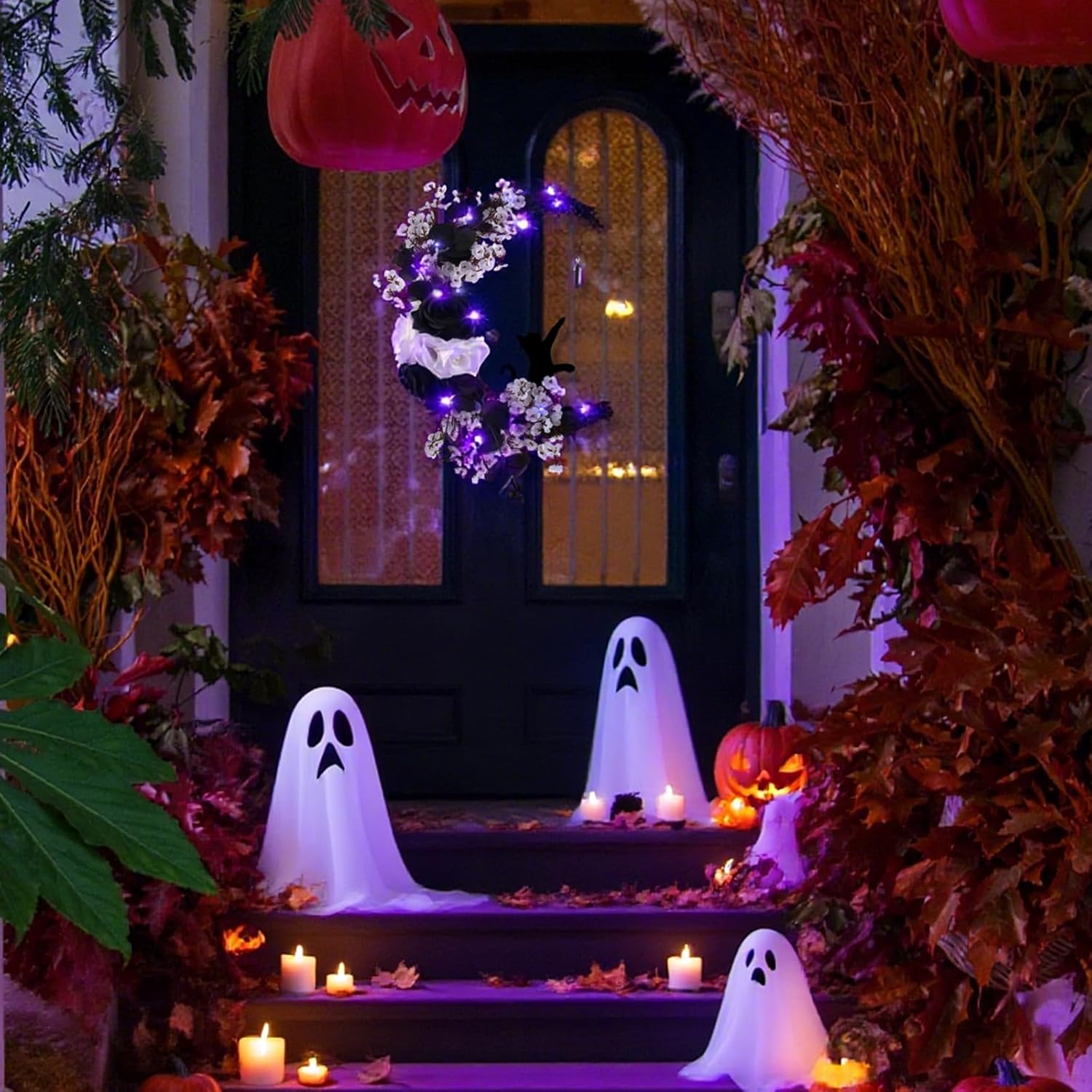 MyCoats 2025 Halloween Door Wreath with Black Cat Moon Light