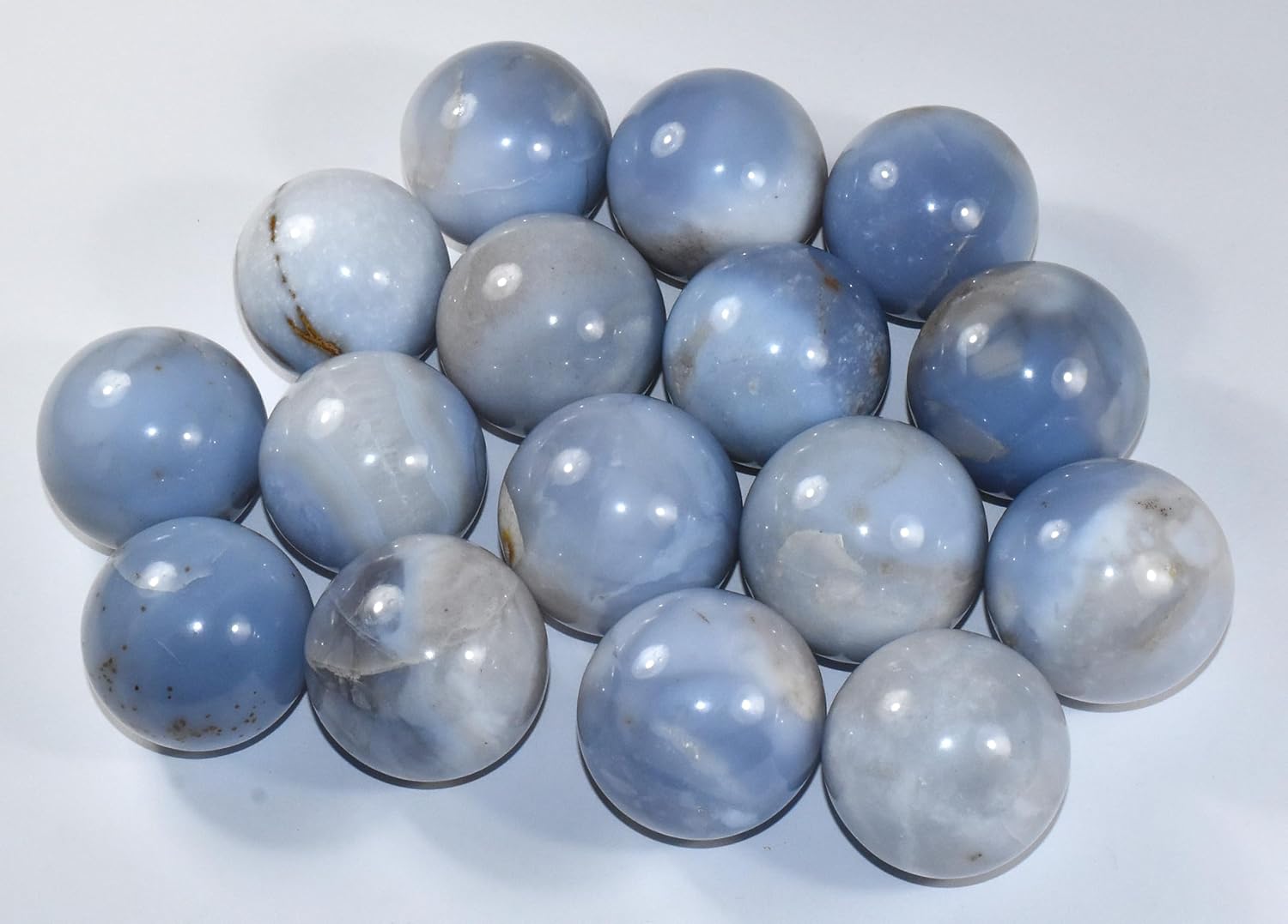 Pair 45mm Blue Chalcedony Carved Spheres with Stand