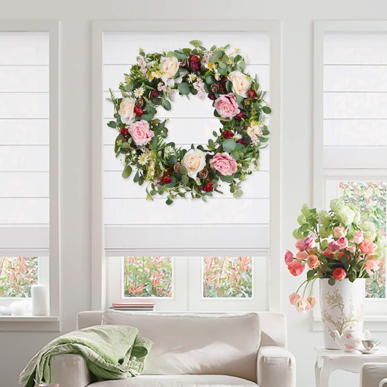 WANNA-CUL 24 Inch Spring Rose Wreath for Front Door Decor