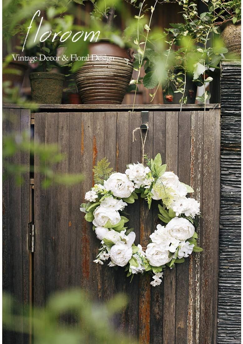 Floroom Artificial White Peony Wreath 15-16 Inches