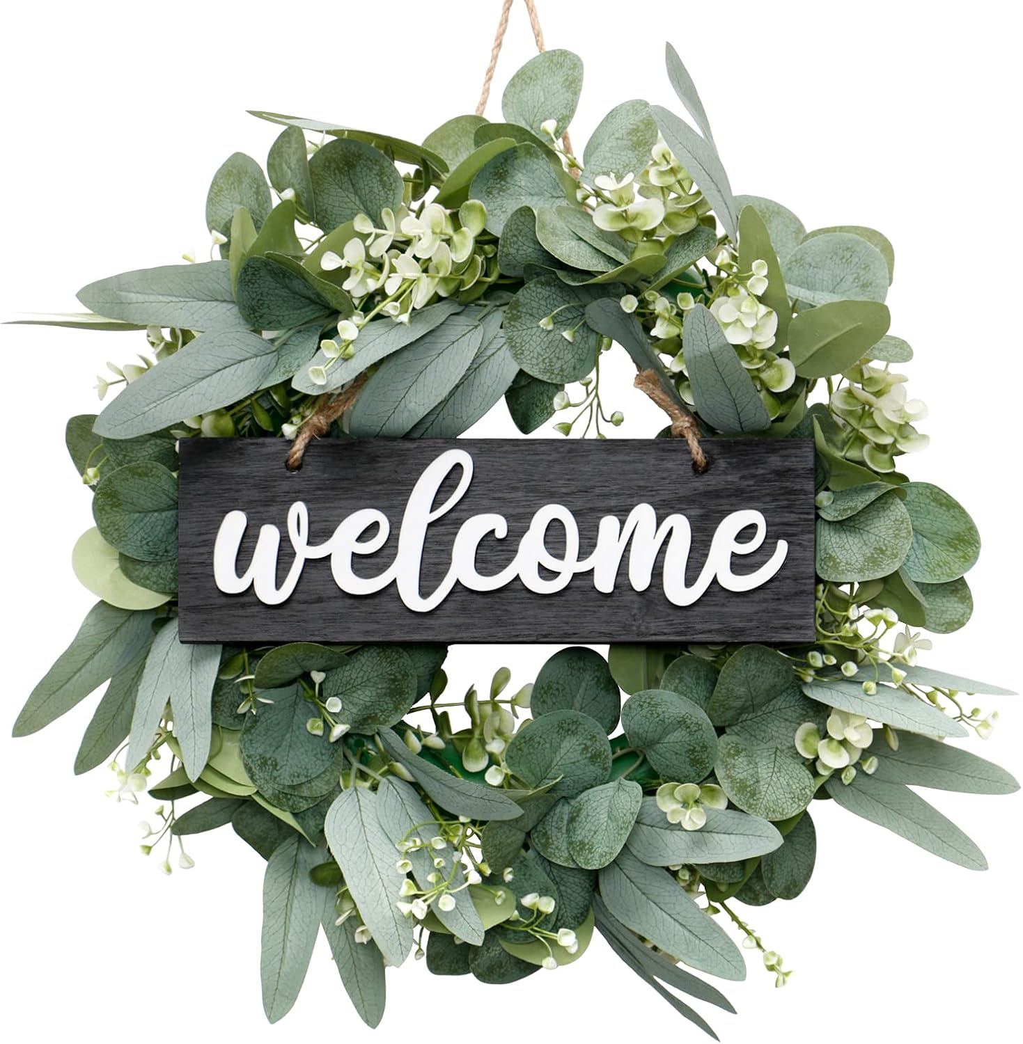 Dremisland 18 inch Green Eucalyptus Wreath - Farmhouse Welcome Sign