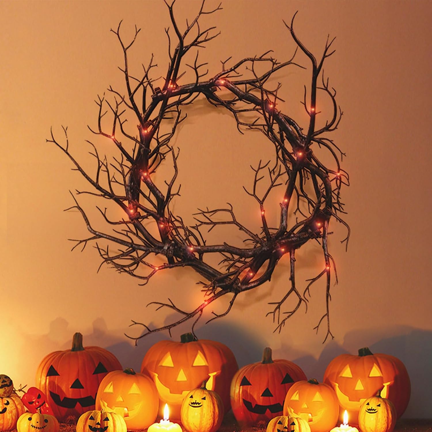 Glitter Black Branch Halloween Wreath with Red Lights