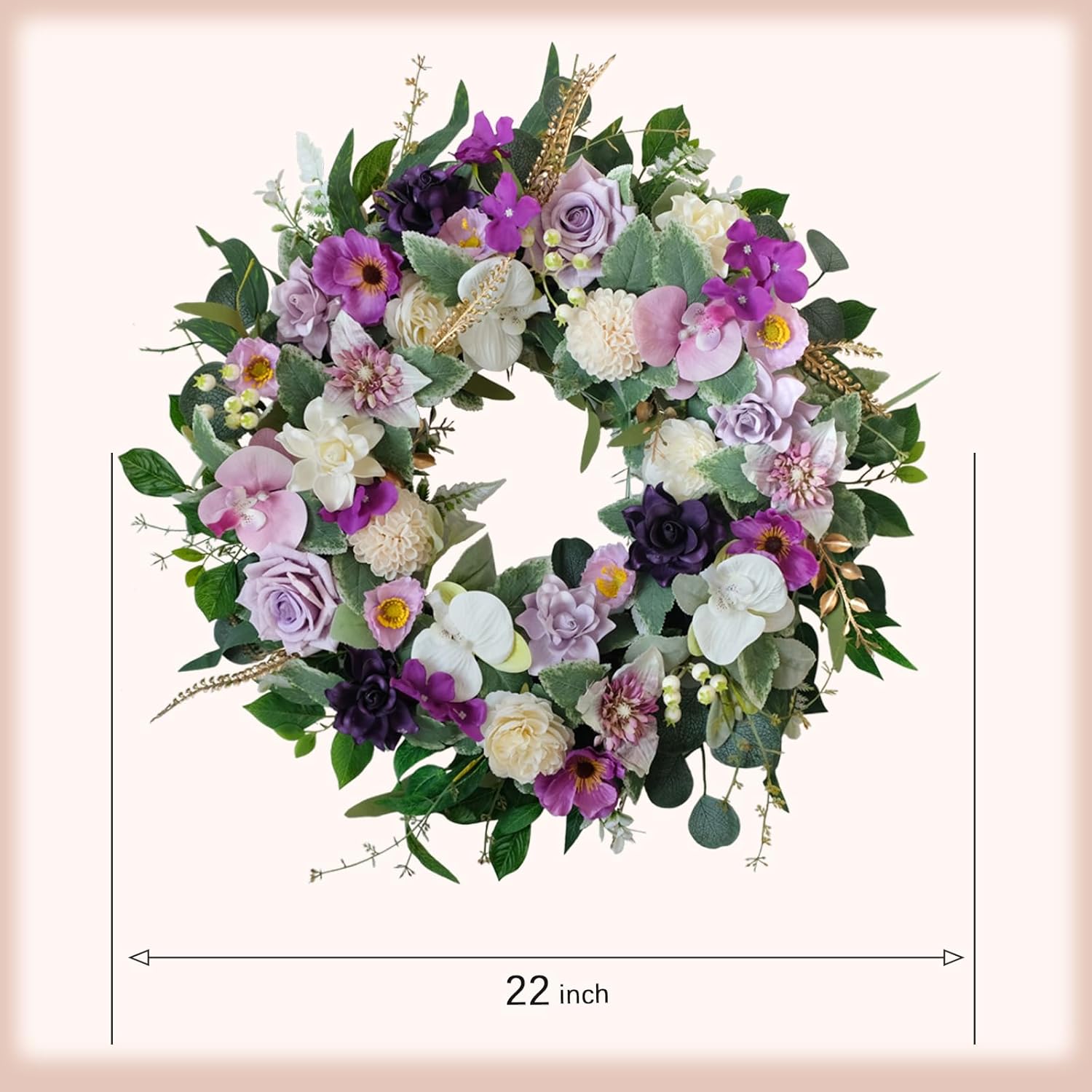 22 Inch Artificial White Purple Flower Wreath