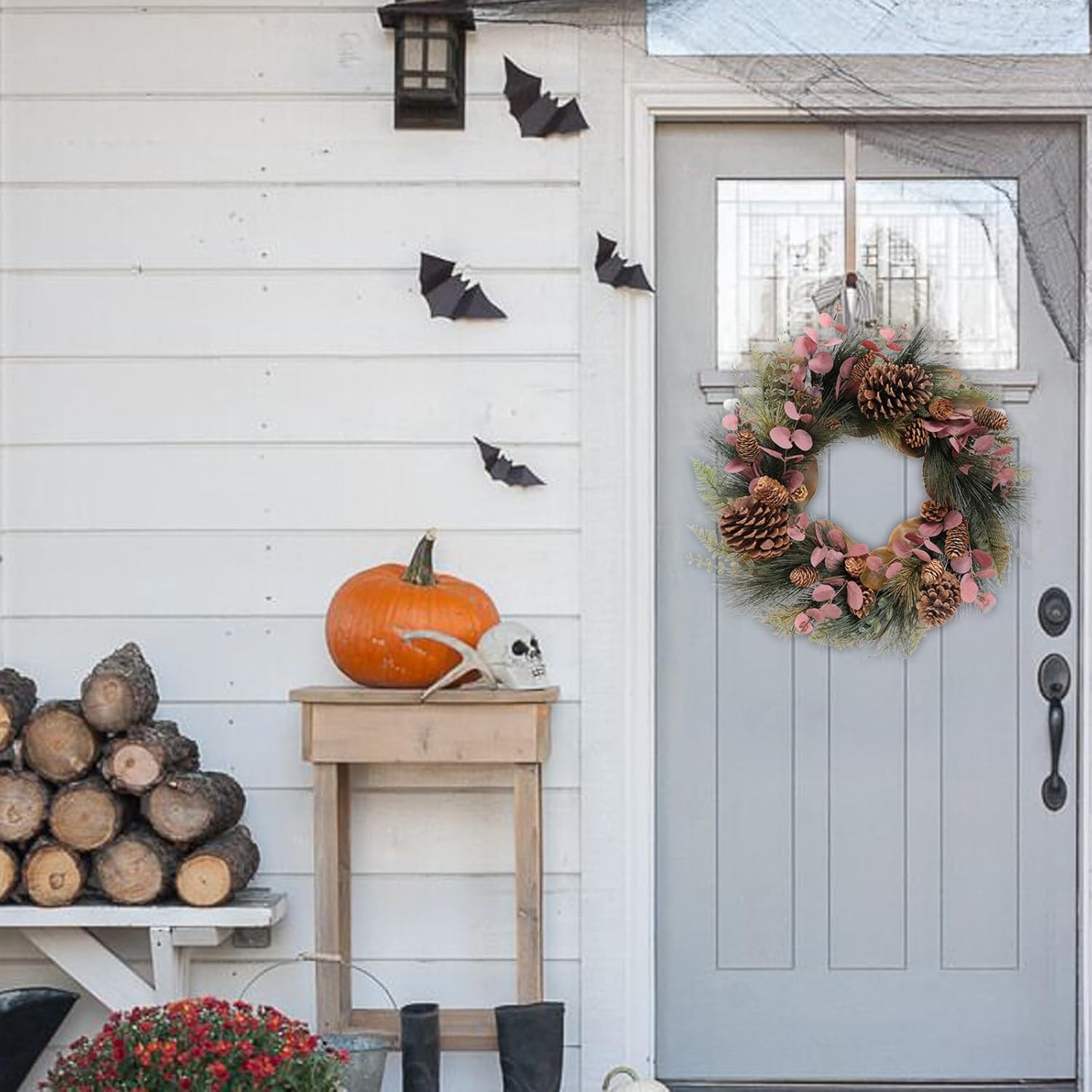 TEMPUS 20 Inch Christmas Wreath with Magnolia and Red Eucalyptus Leaves