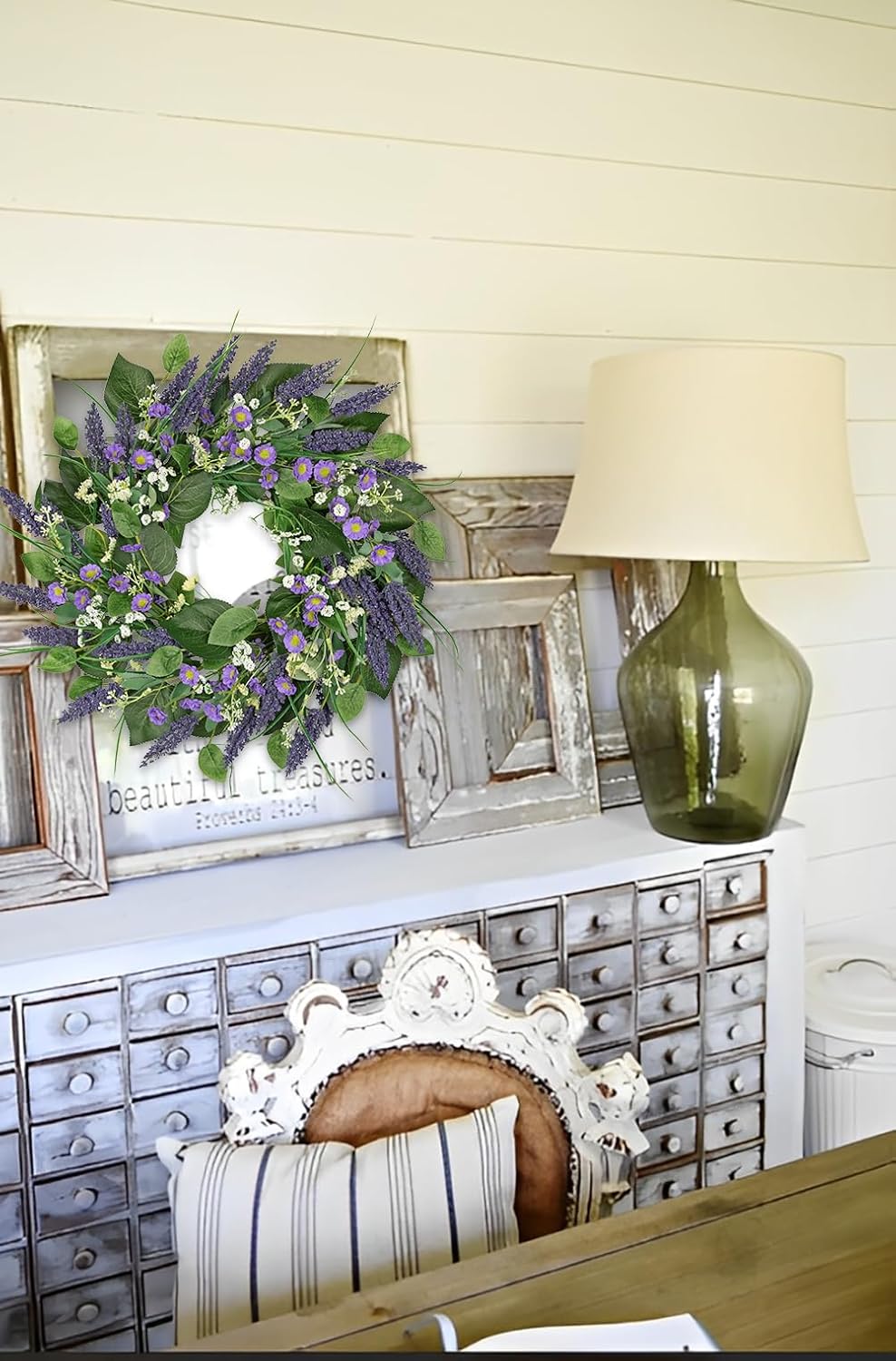 Lavender Wreath for Front Door 20 inch Artificial Farmhouse Decor