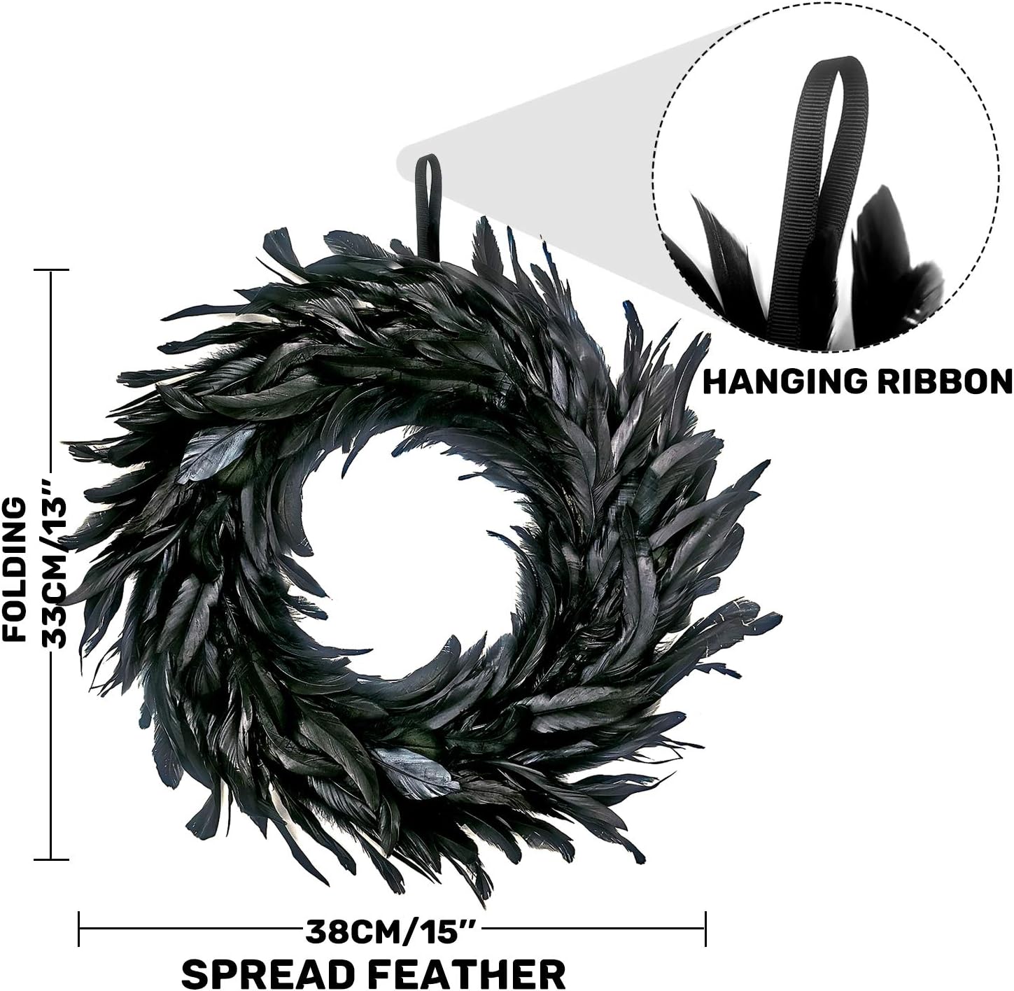 MOVINPE Black Feather Wreath - 15 Inch Halloween Decor Prop