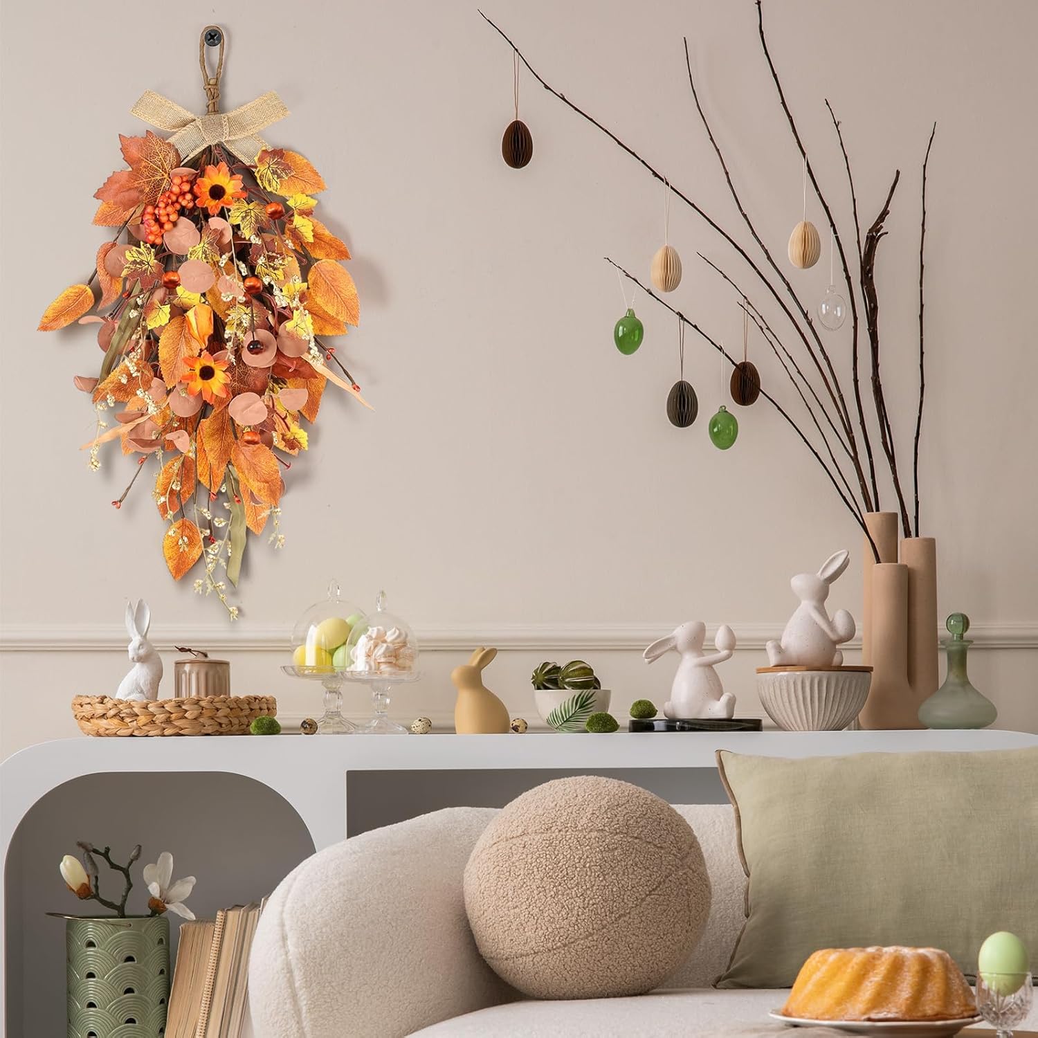 2 Pcs 24 Inch Artificial Autumn Teardrop Wreath
