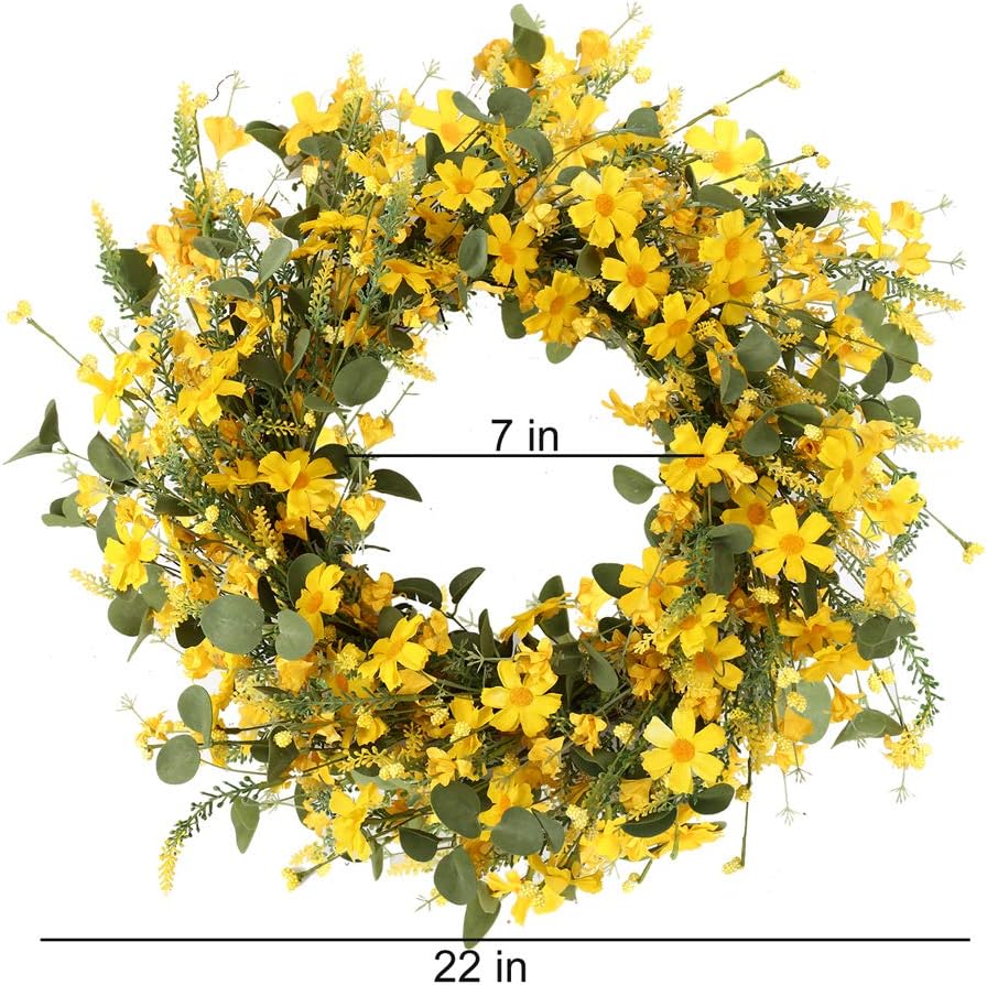 JFLORU 22 Inch Yellow Daisy Spring Wreath for Front Door and Home Decor