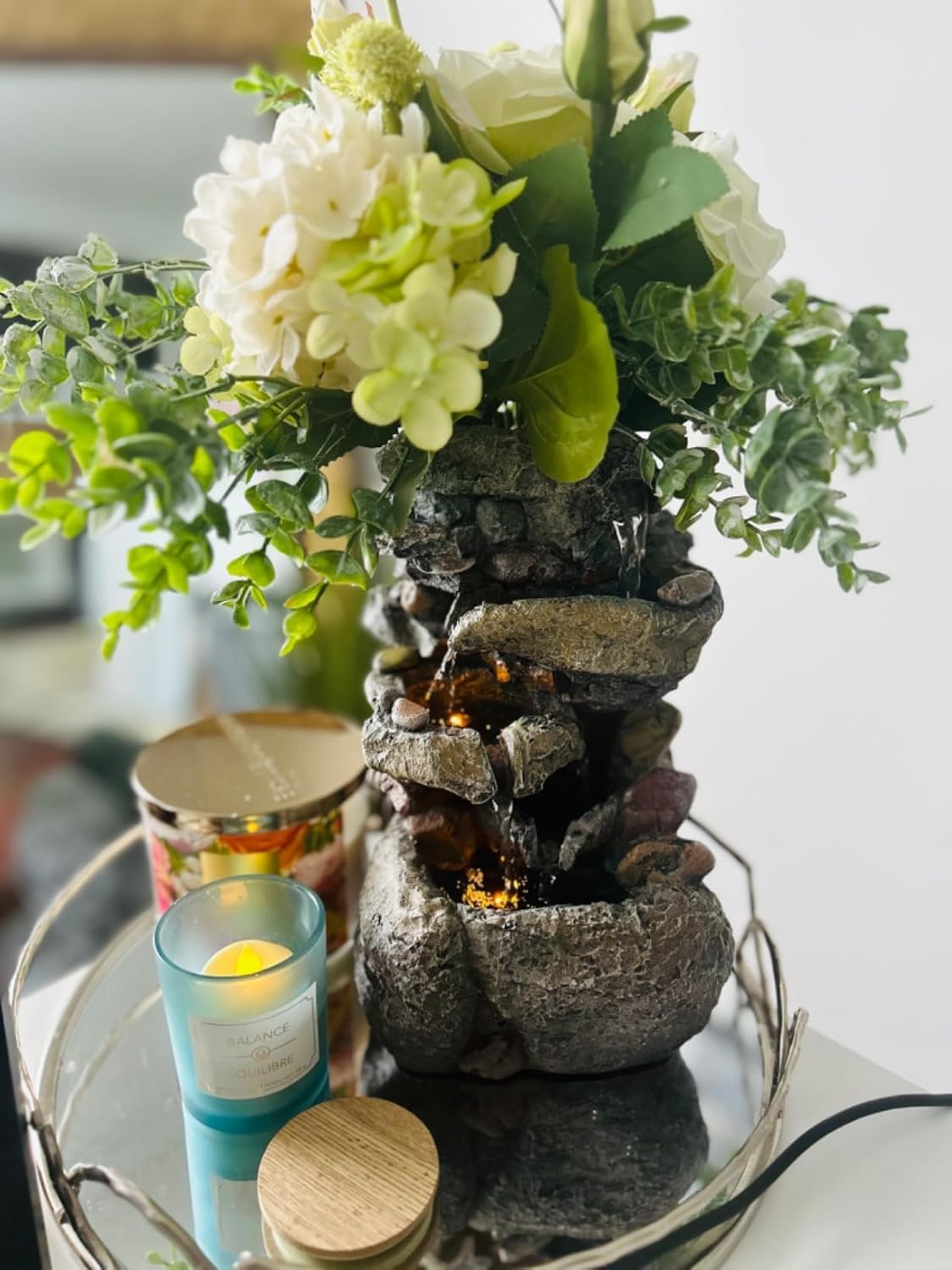 Tolevoit Tabletop Water Fountain with LED Light for Indoor Decor