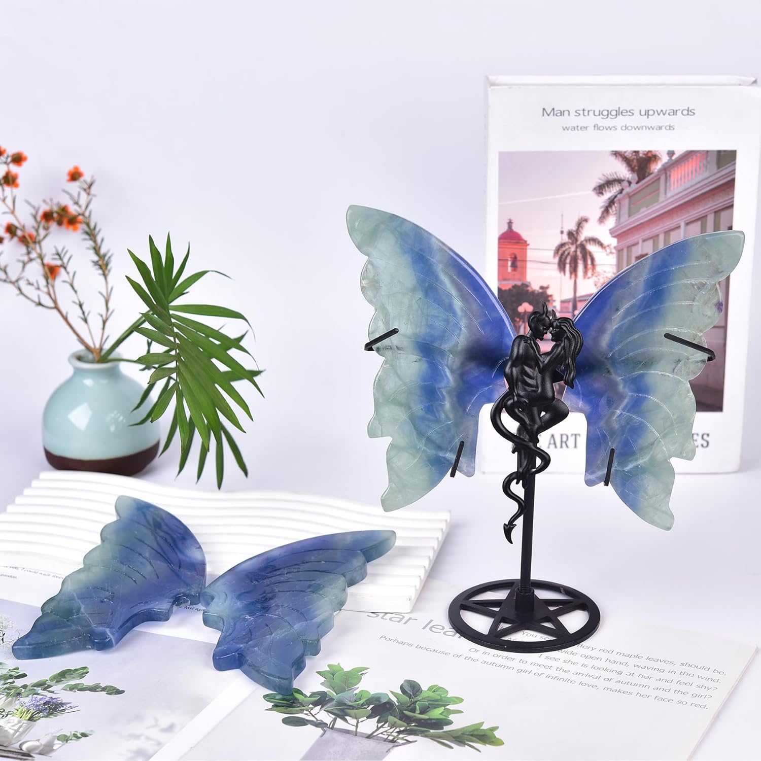 JIC Gem Blue Fluorite Butterfly Wings Sculpture