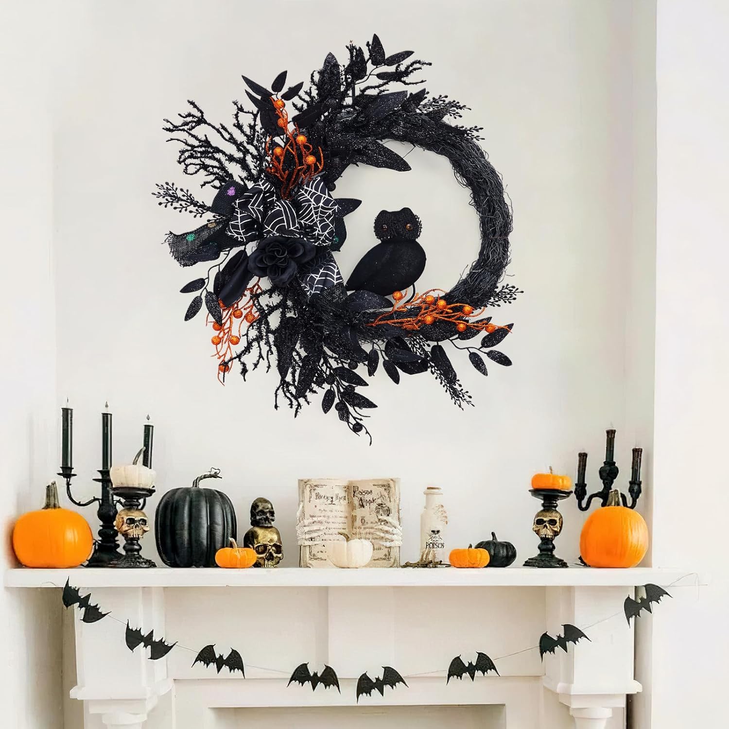 20 Inch Halloween Owl Wreath Door Decor