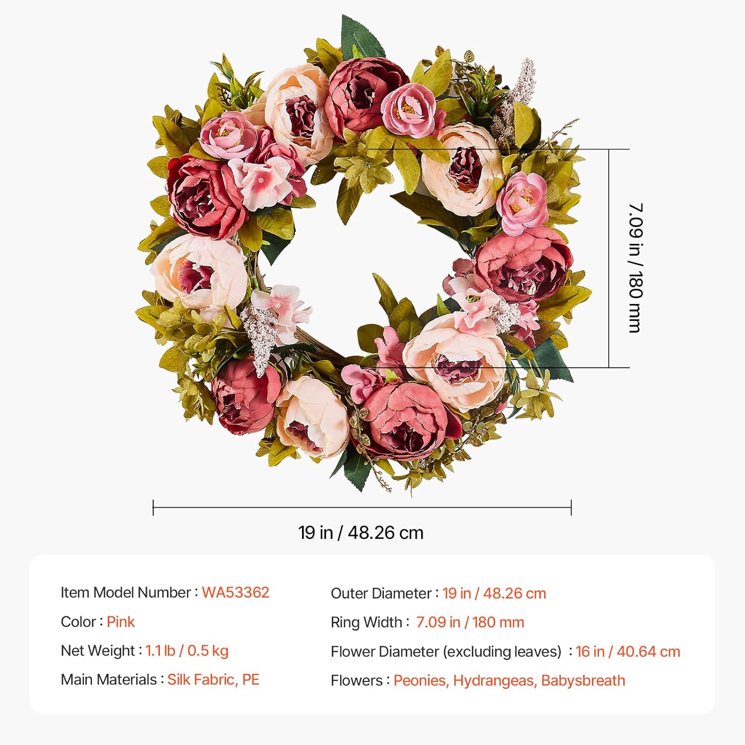 VEVOR 19 Inch Artificial Peony Wreath for Front Door