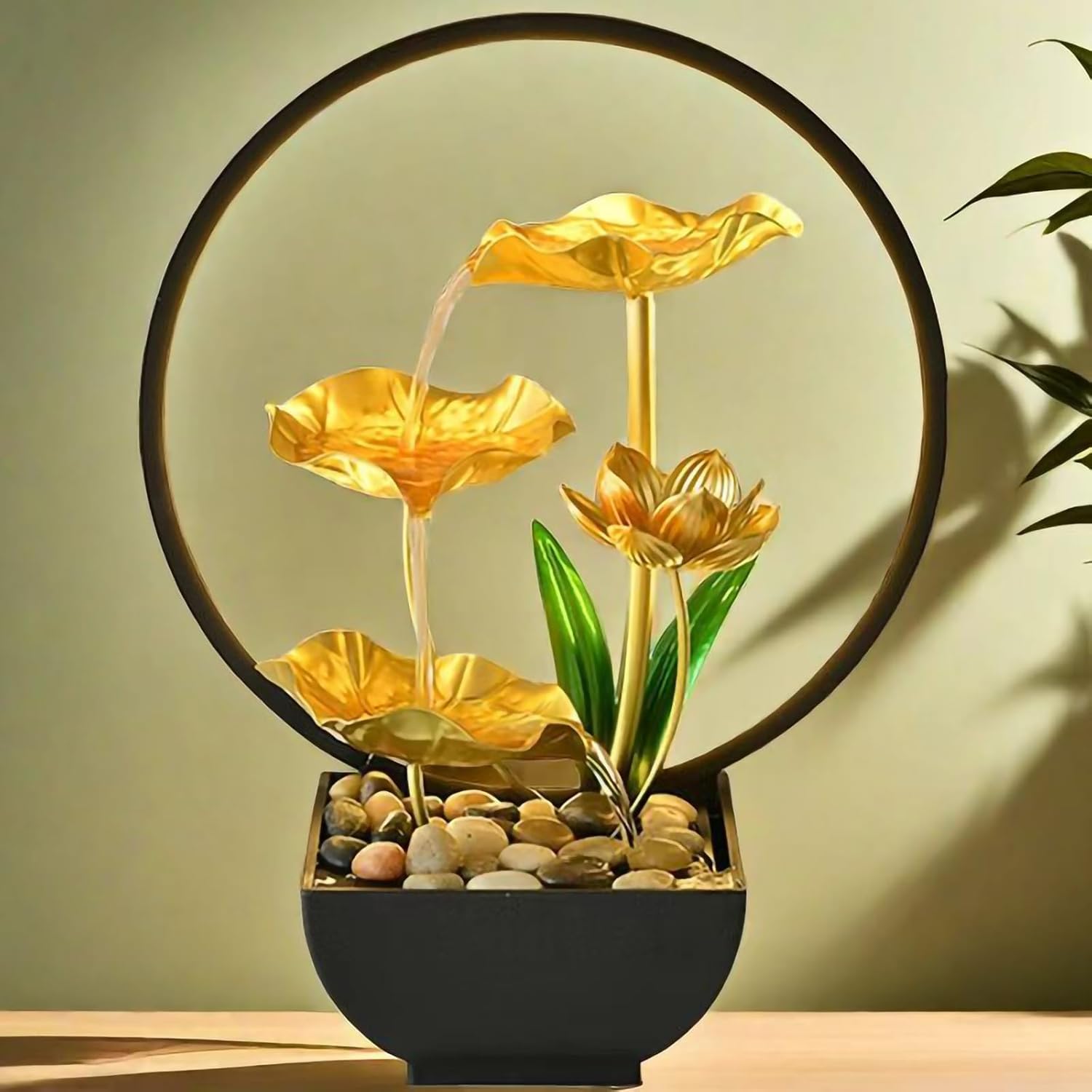 Gold Lotus Waterfall Fountain with LED Light USB Powered Tabletop Zen Fountain