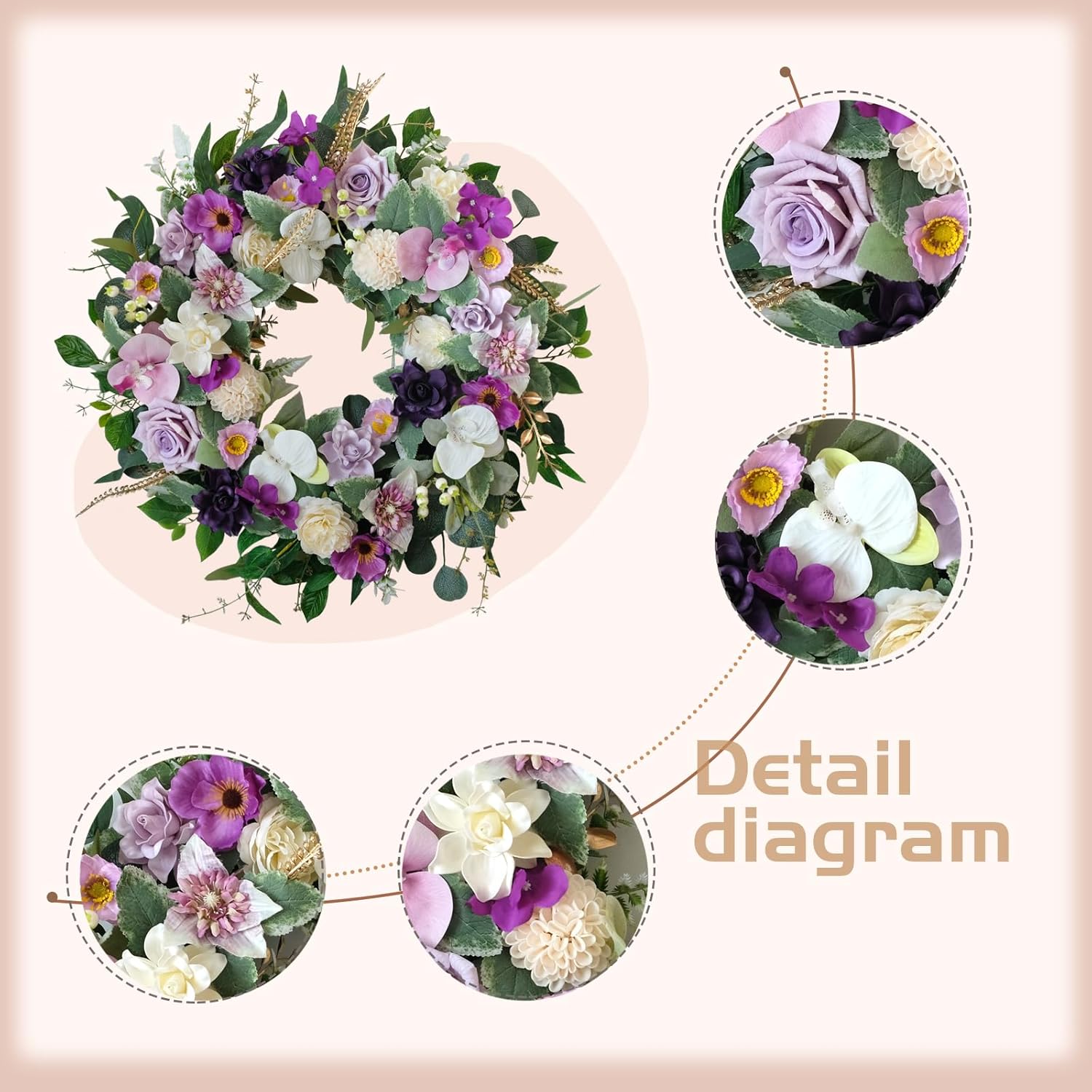 22 Inch Artificial White Purple Flower Wreath