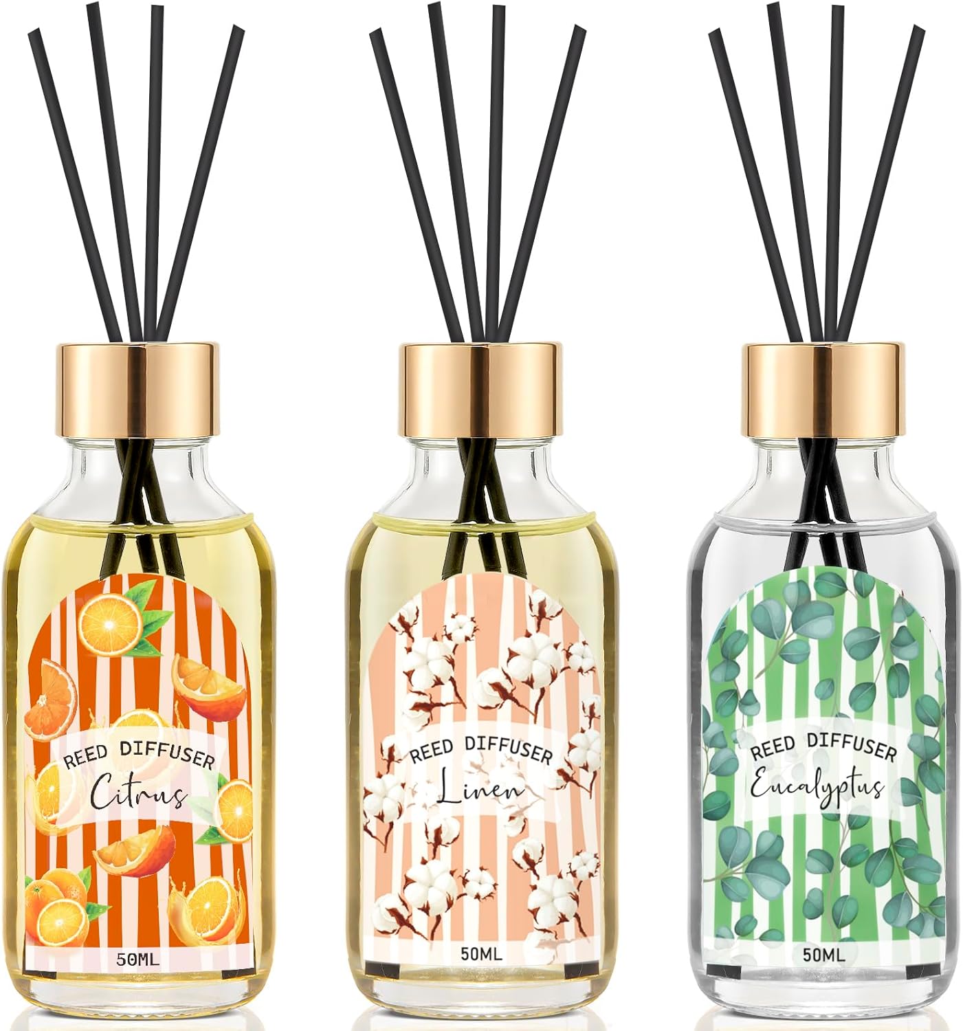 3 Pack Reed Diffuser Set Linen Eucalyptus Citrus Scented for Home Office Decor