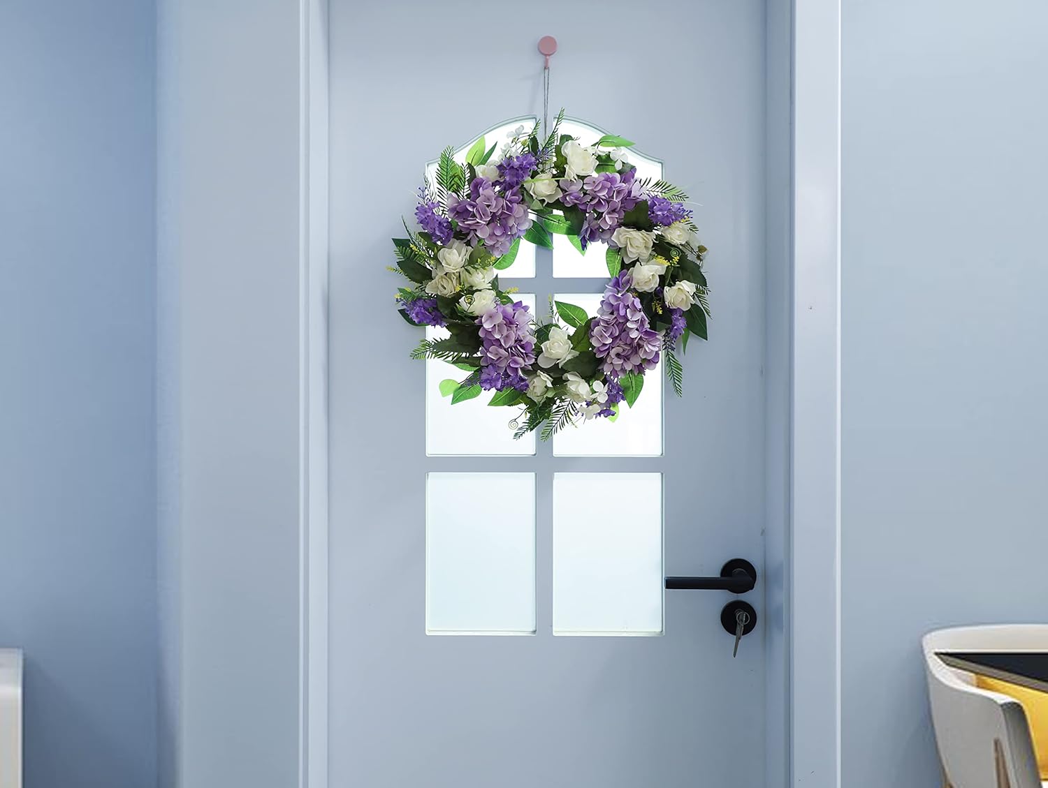 Purple Hydrangea Summer Wreath 18 Inch Grapevine Base for Front Door