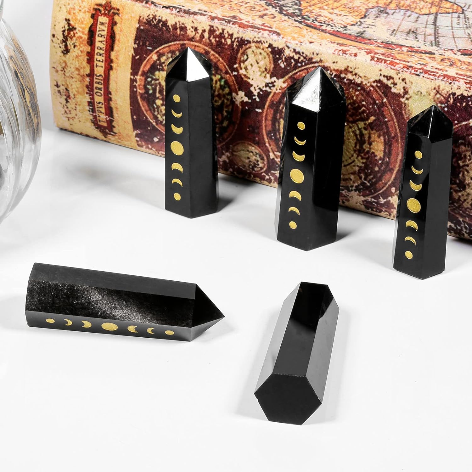 Set of 7 Engraved Moon Phase Crystal Wand Stones for Meditation and Home Decor