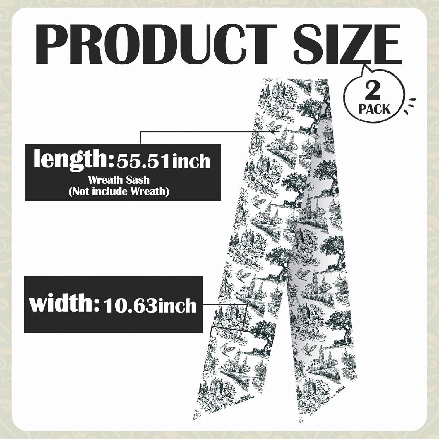 Black Wreath Sash for Front Door - 2 Pcs French Toile Accents for Home Decor