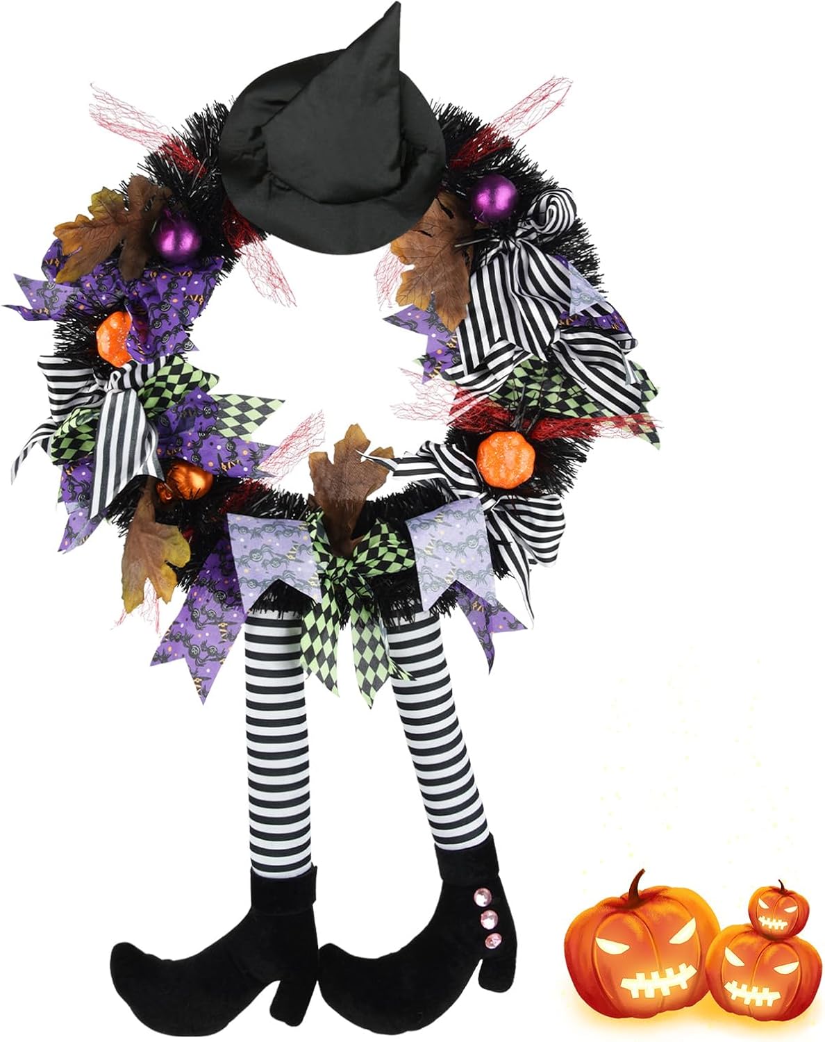 Halloween Witch Wreath Front Door Decor Black Wreath with Hat and Legs