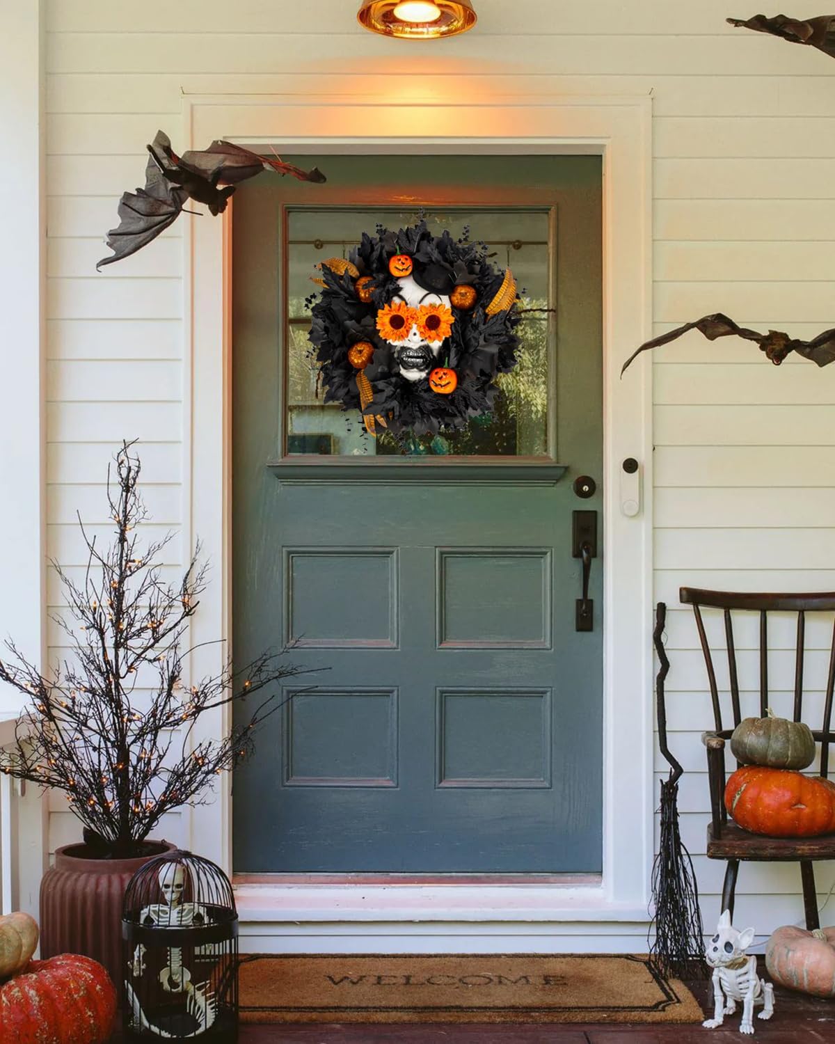 Halloween Wreath for Front Door with Skull and Pumpkin