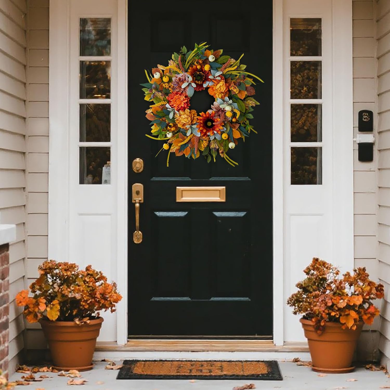 24 Inch Fall Wreath with Sunflowers Dahlias Pumpkins for Front Door