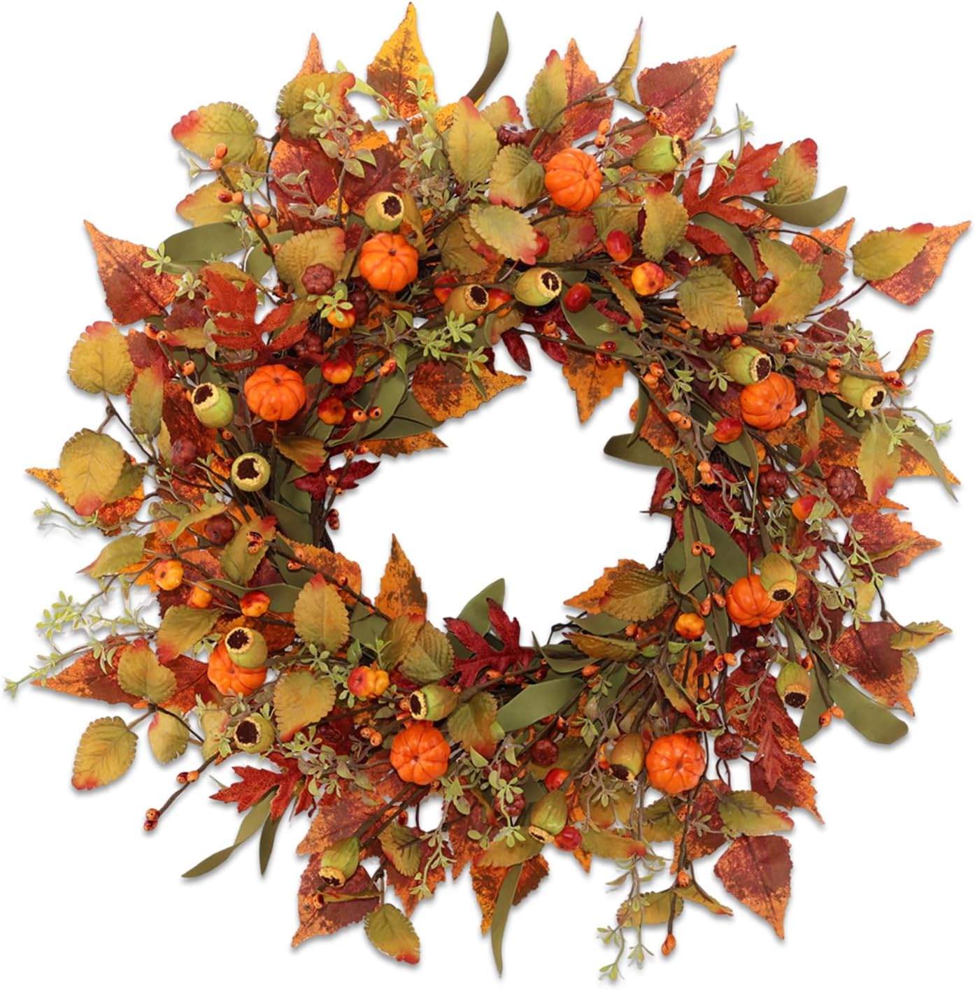22 Inch Artificial Fall Wreath with Pumpkin and Maple Leaves