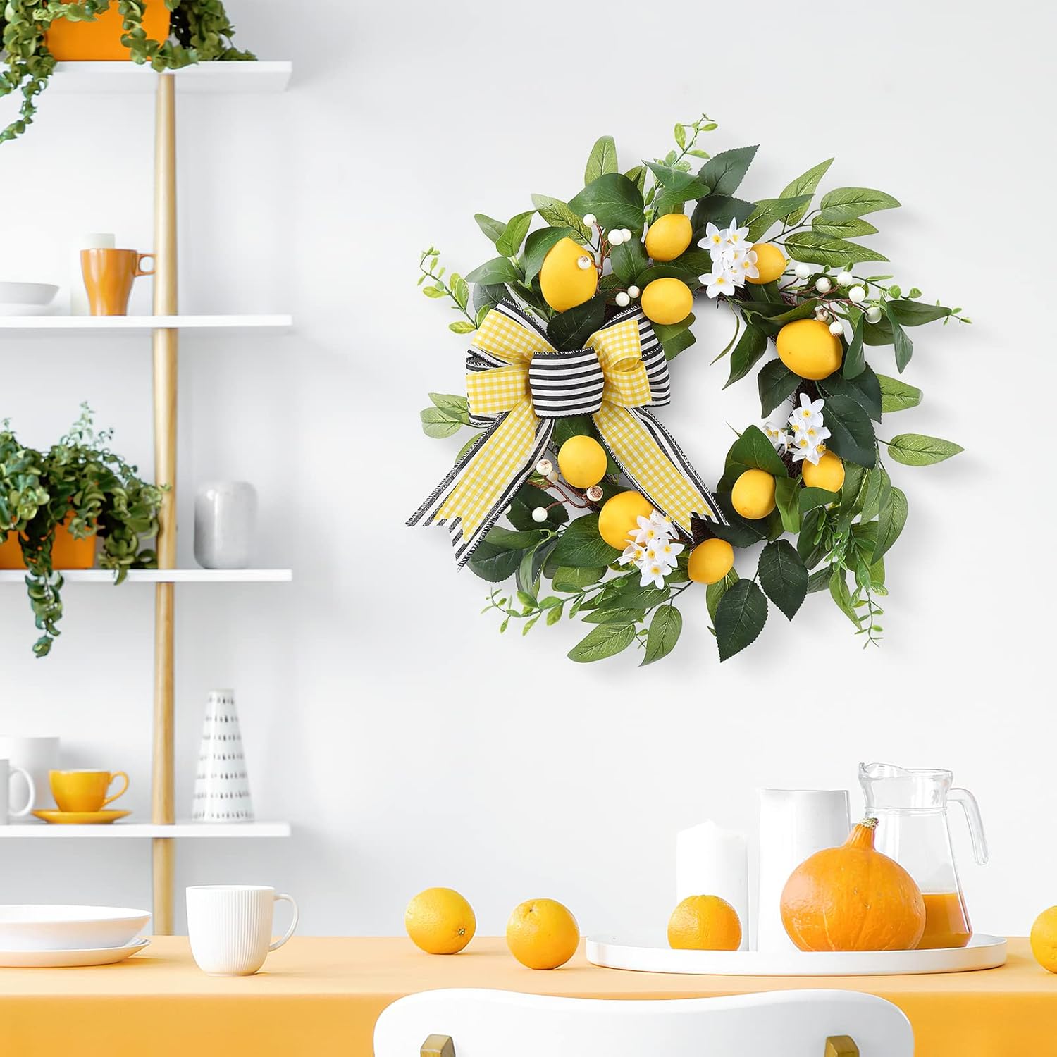 20 Inch Lemon Wreath for Front Door with Daisy Bow Eucalyptus Leaves and White Berries