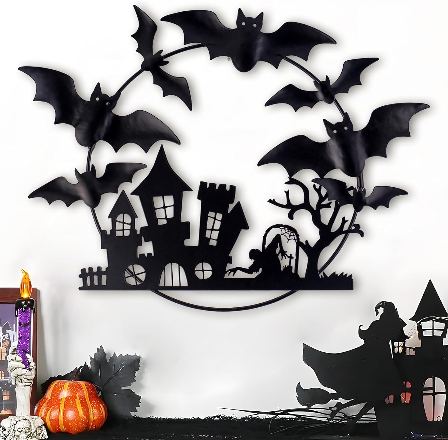 Halloween Metal Wreath - 20 Inch Black Iron Decor with Bats Castle Witch and Tree