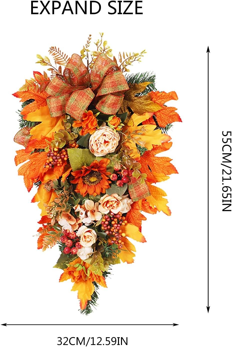 Fall Teardrop Wreath for Front Door 216 Thanksgiving Decor with Pumpkins and Maple Leaves