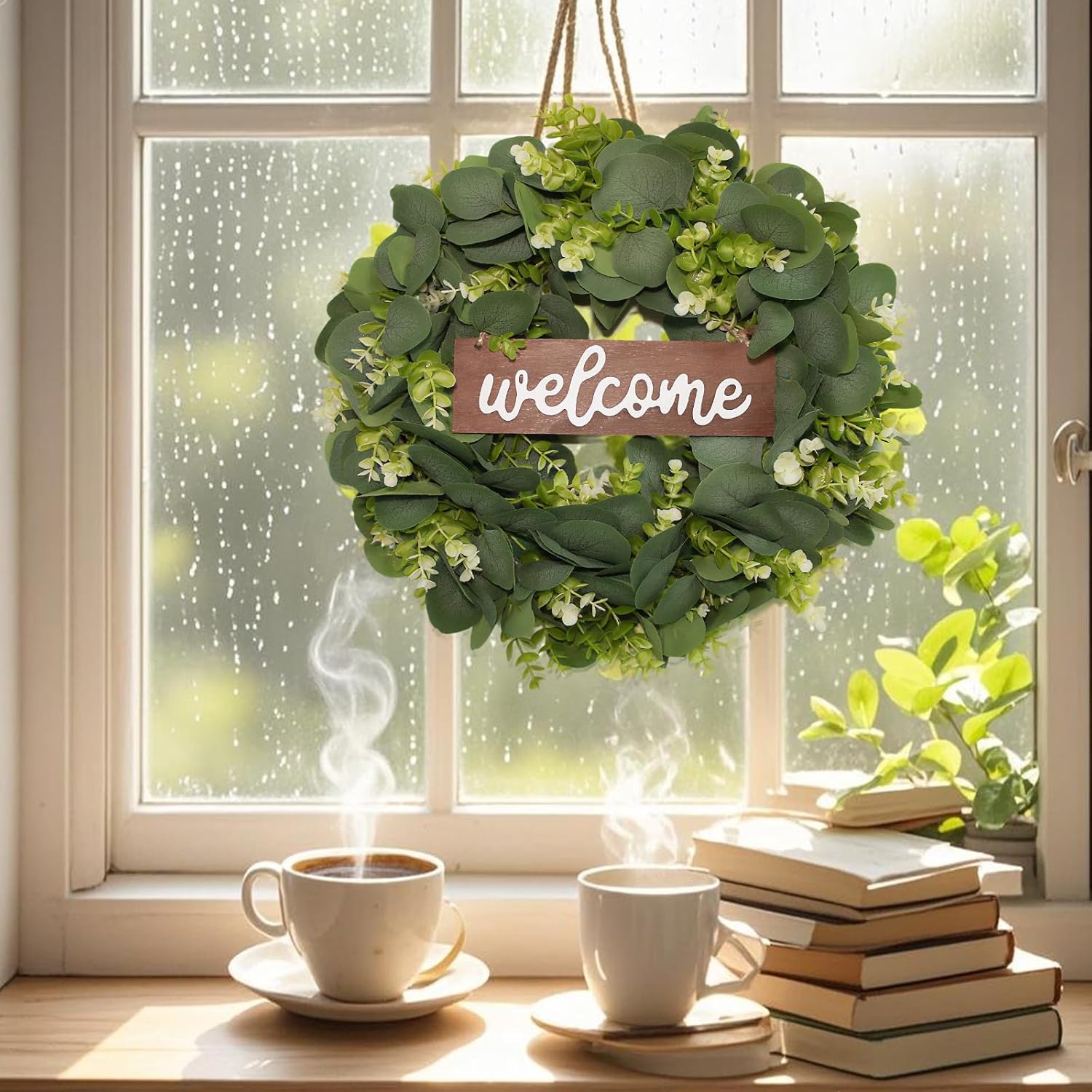Green Eucalyptus Leaf Wreath with Welcome Sign