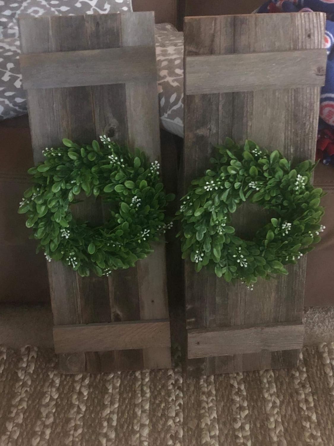 4 Pack Artificial Green Leaves Wreath - 11 Inch Boxwood Wreaths with White Flowers for Window Wall Wedding Decor