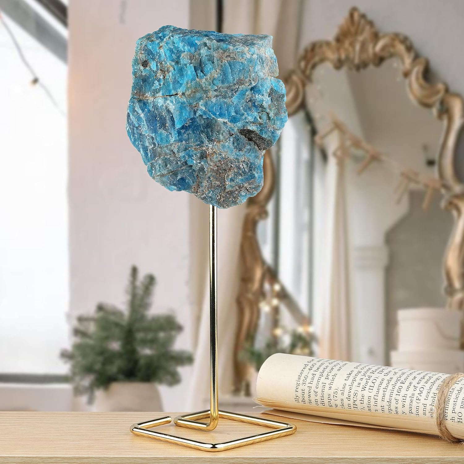 Natural Blue Apatite Raw Stone with Stainless Stand for Home Office Decor