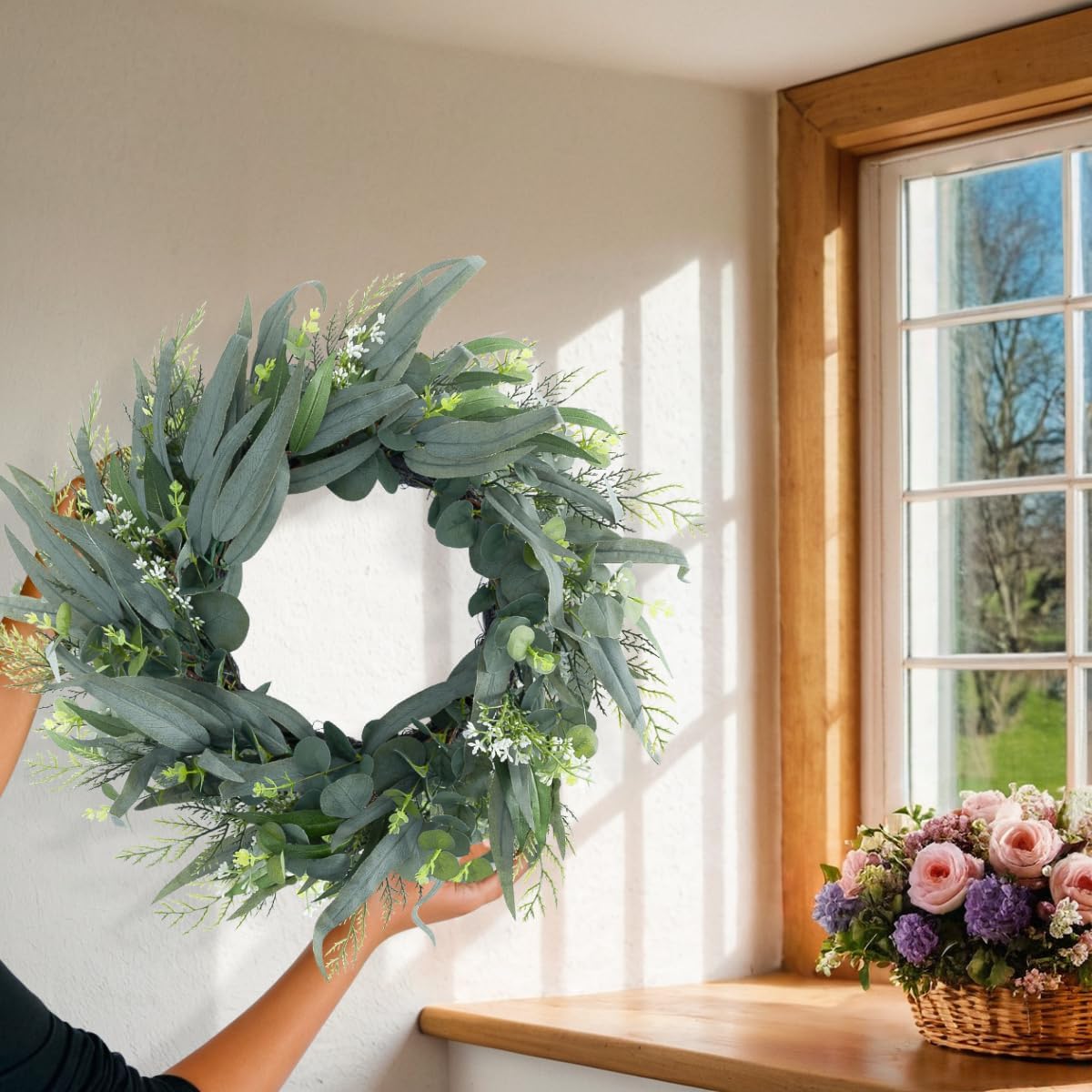 Seasons 22 Inch Artificial Eucalyptus Wreath for Front Door