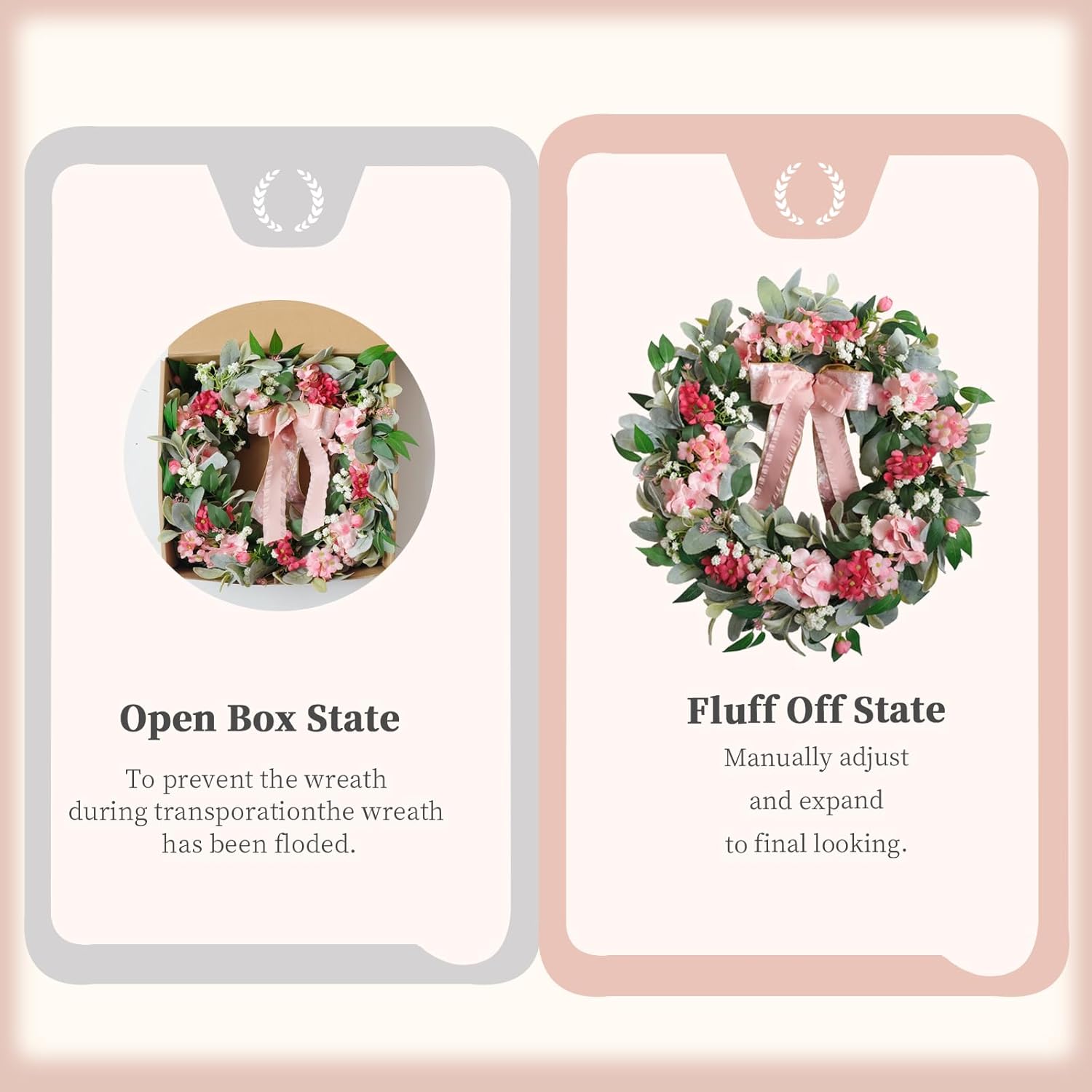 22 Inch Summer Wreath with Hydrangea and Lambs Leaves for Front Door Decor